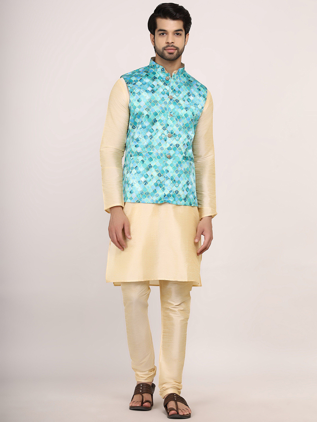 

Sadree Men Regular Dupion Silk Kurta with Churidar, Gold