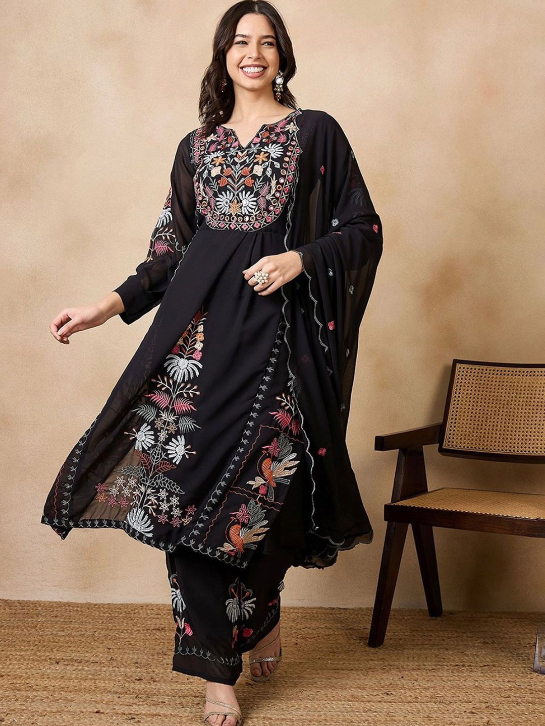 

KALINI Floral Embroidered Pleated Straight Kurta with Trousers & Dupatta, Black