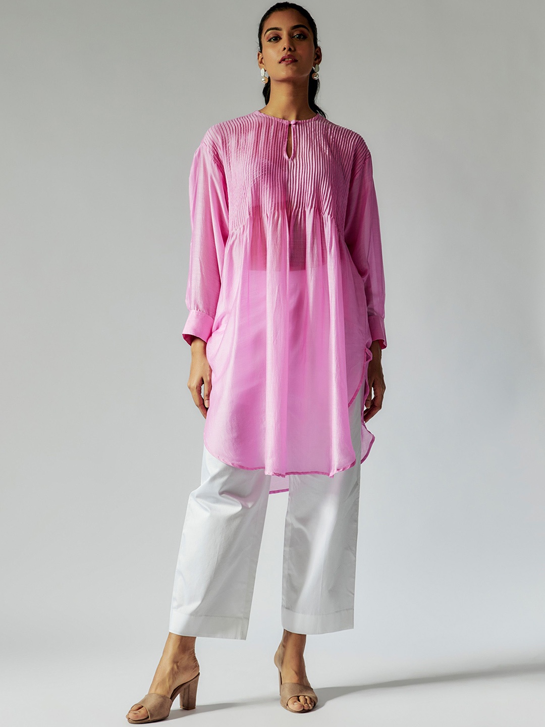 

Maisolos Round Neck Cotton Linen Tunic With Trousers, Pink