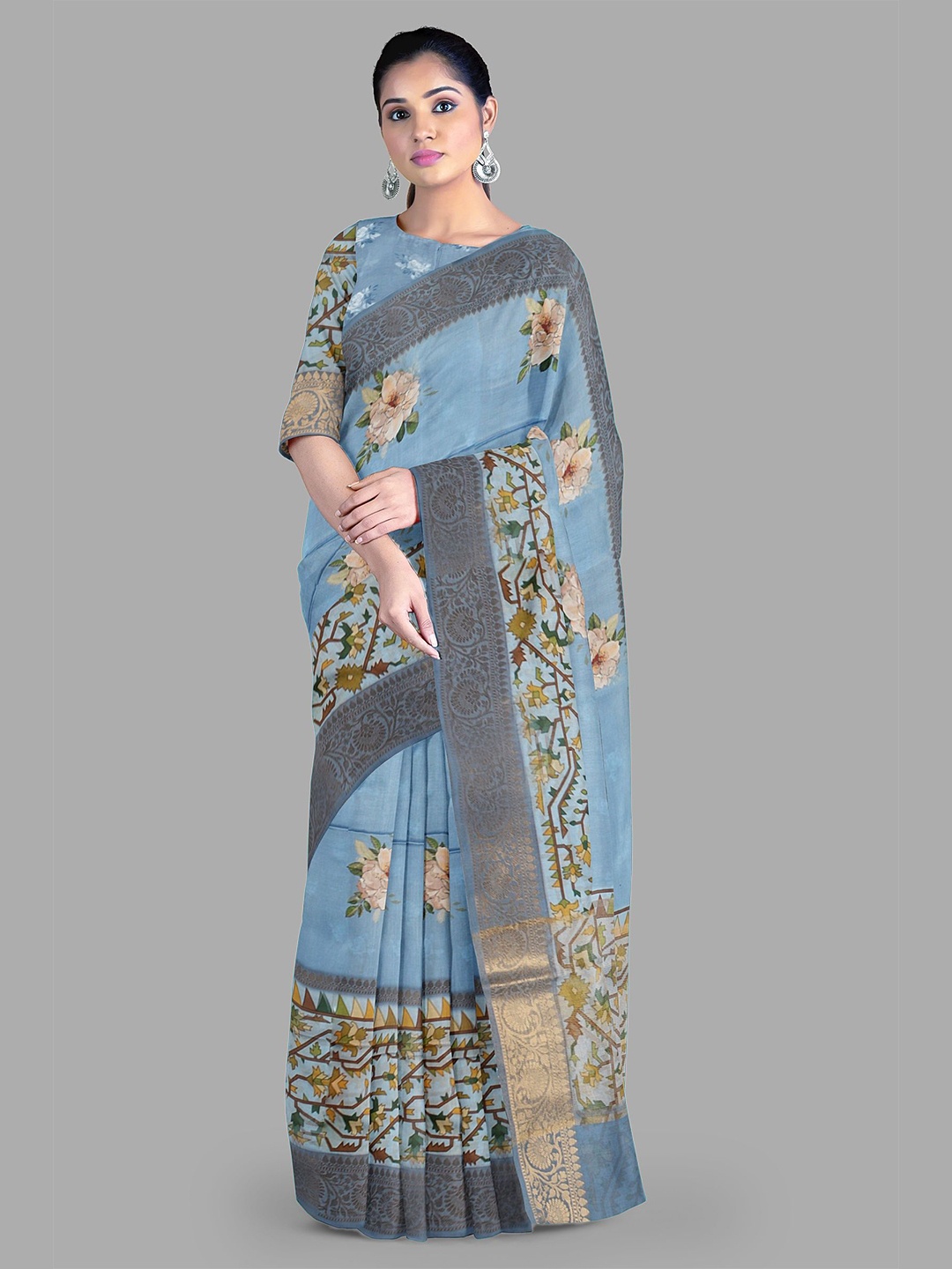

The Chennai Silks Floral Zari Baluchari Saree, Blue