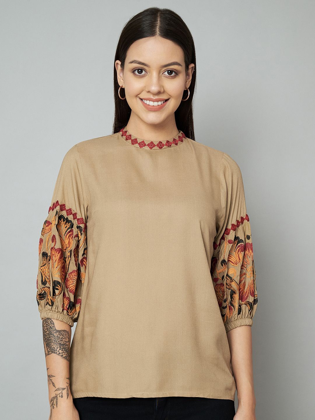 

all about you Floral Embroidered Mandarin Collar Puff Sleeve Top, Beige