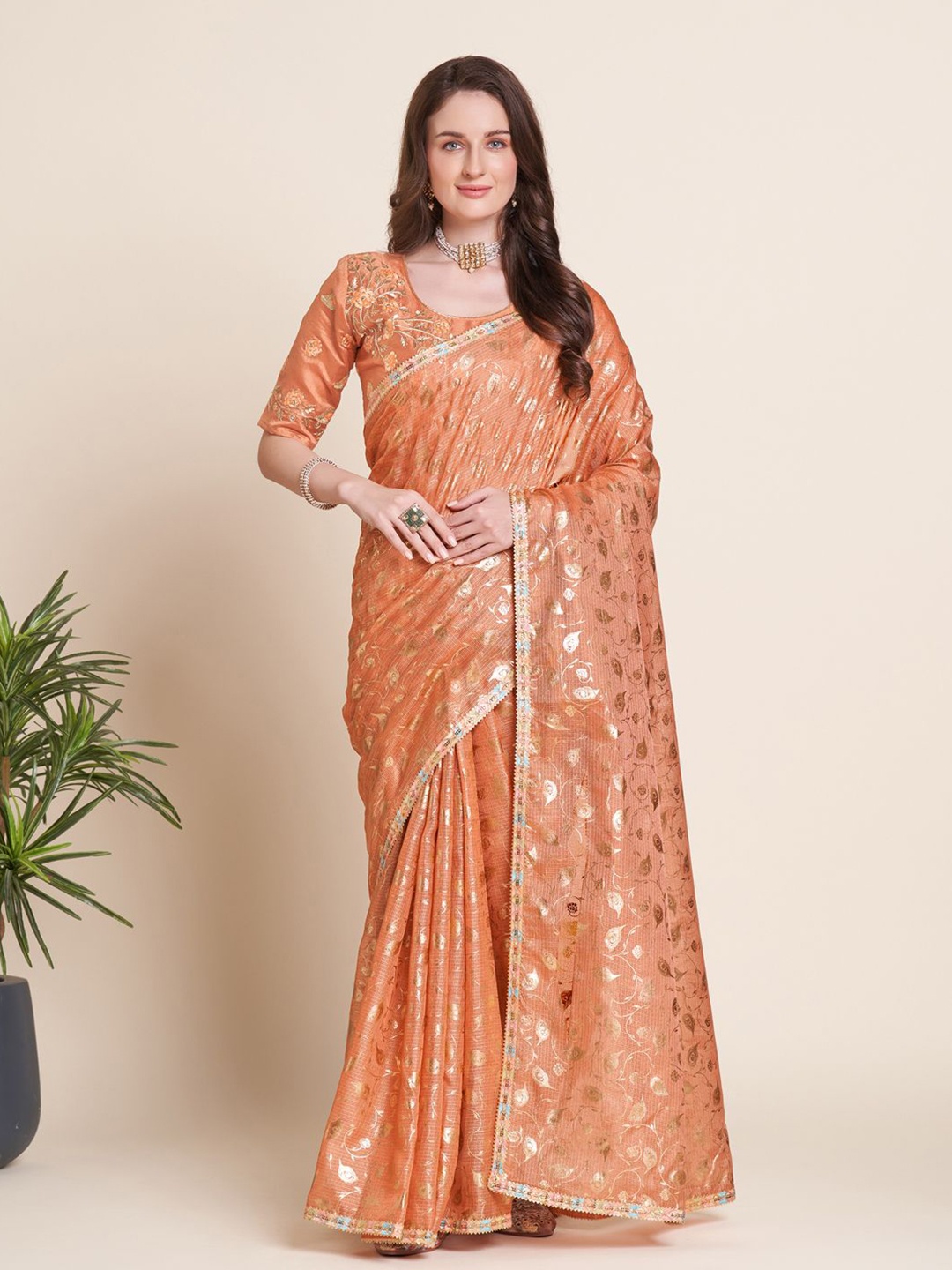 

KALINI Women Embellished Ethnic Motifs Printed Saree, Peach