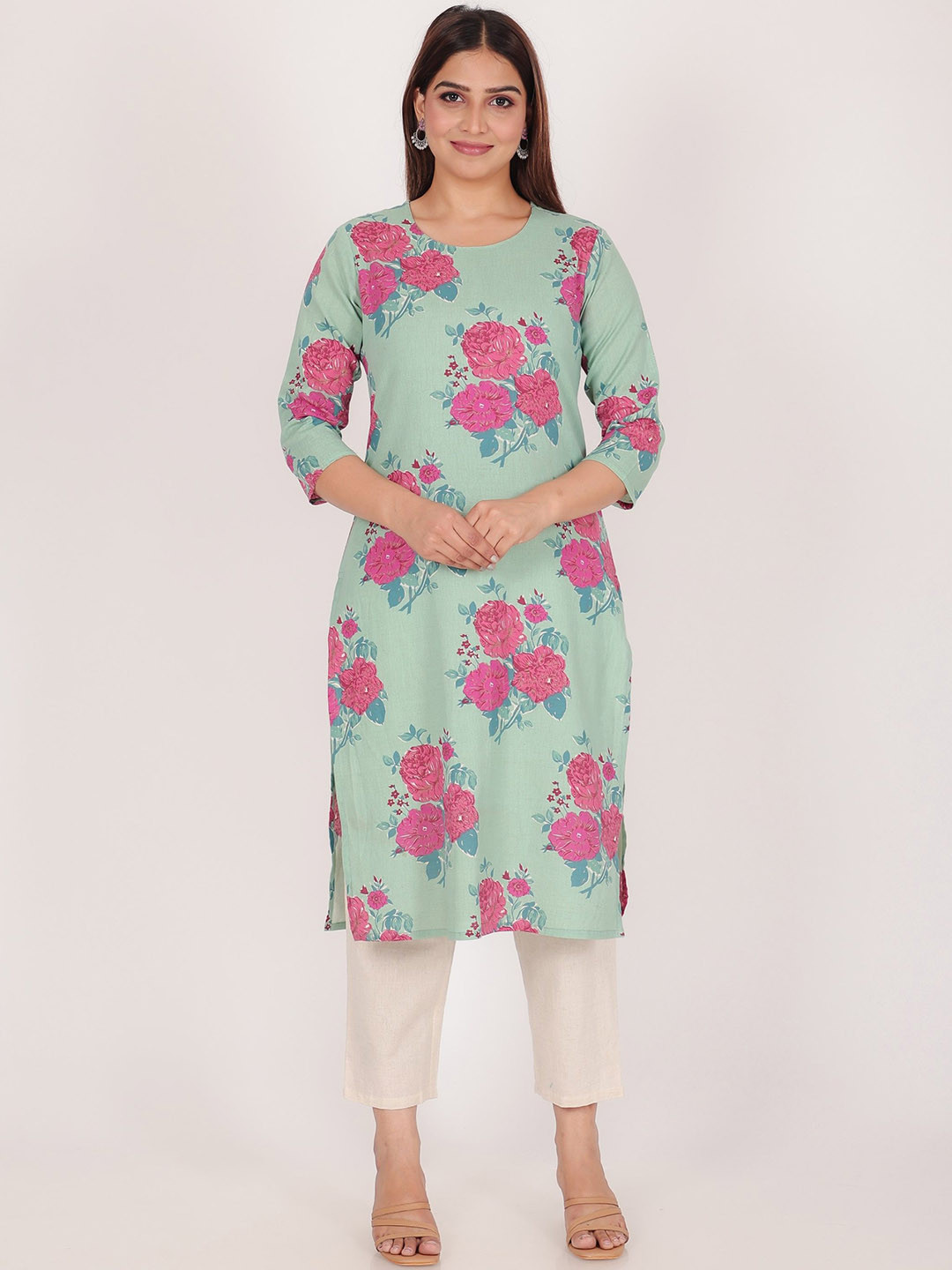 

Aramya Floral Printed Linen Straight Kurta With Trousers, Green