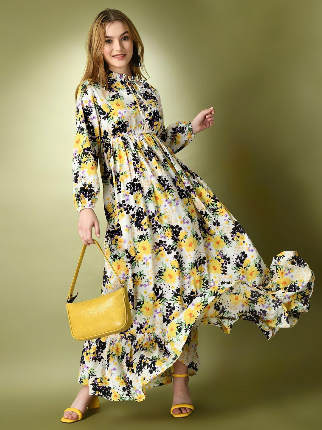 

OTABU Floral Print Tie-Up Neck Crepe A-Line Maxi Dress, White