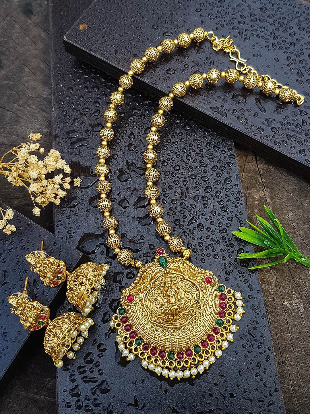 

GRIIHAM Gold-Plated Cubic Zirconia Studded & Beaded Temple Jewellery Set