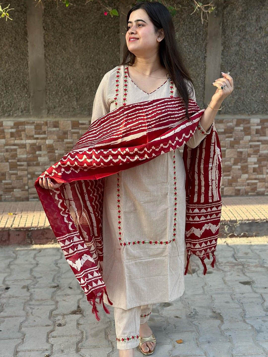 

Anni Designer Floral Embroidered V-Neck Straight Kurta with Trousers & Dupatta, Beige