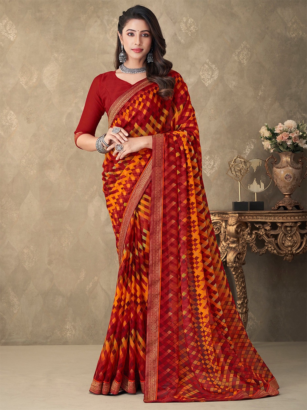 

KALINI Geometric Zari Woven Saree, Maroon