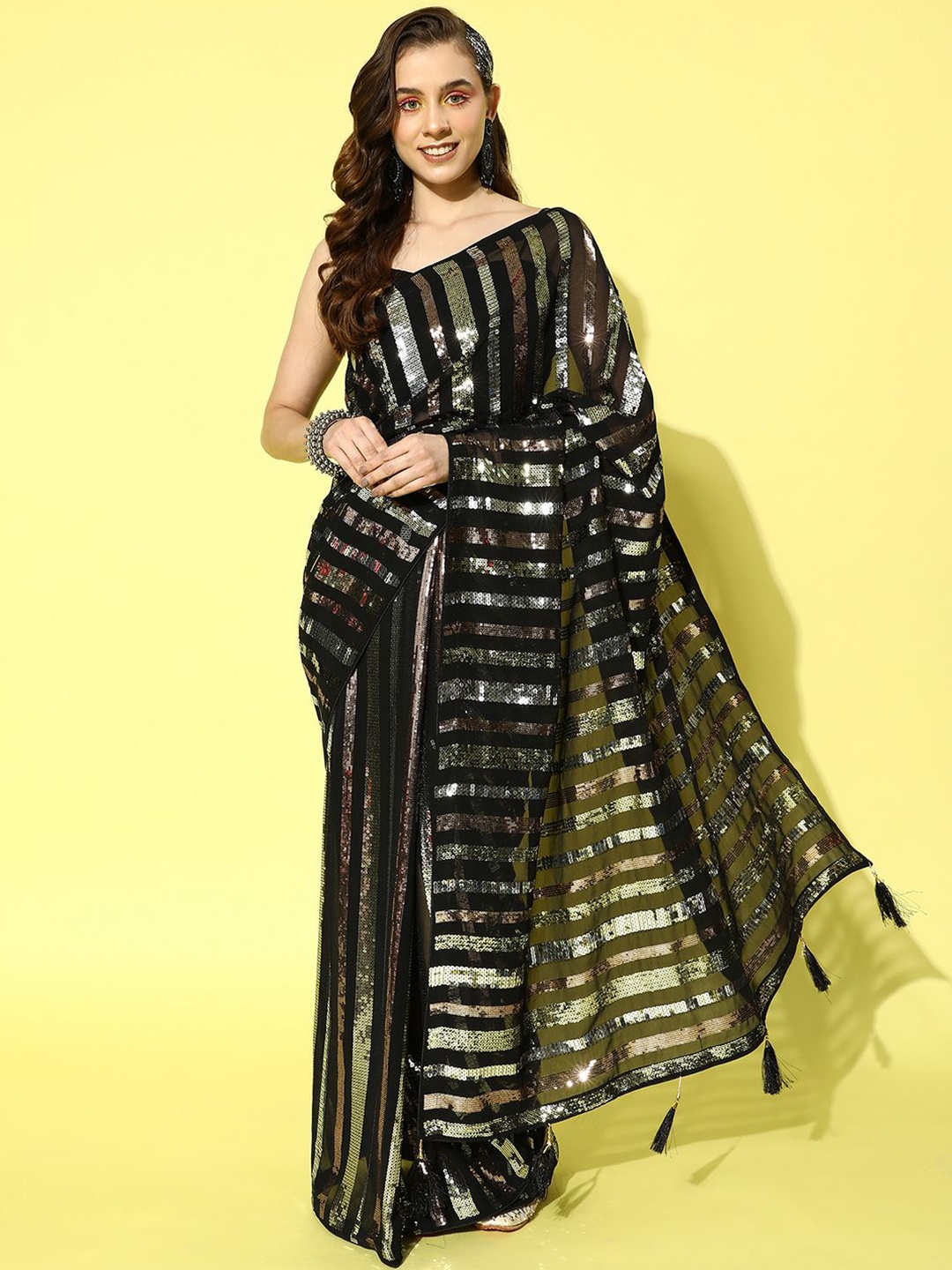 

KALINI Embellished Sequinned Poly Georgette Saree, Black