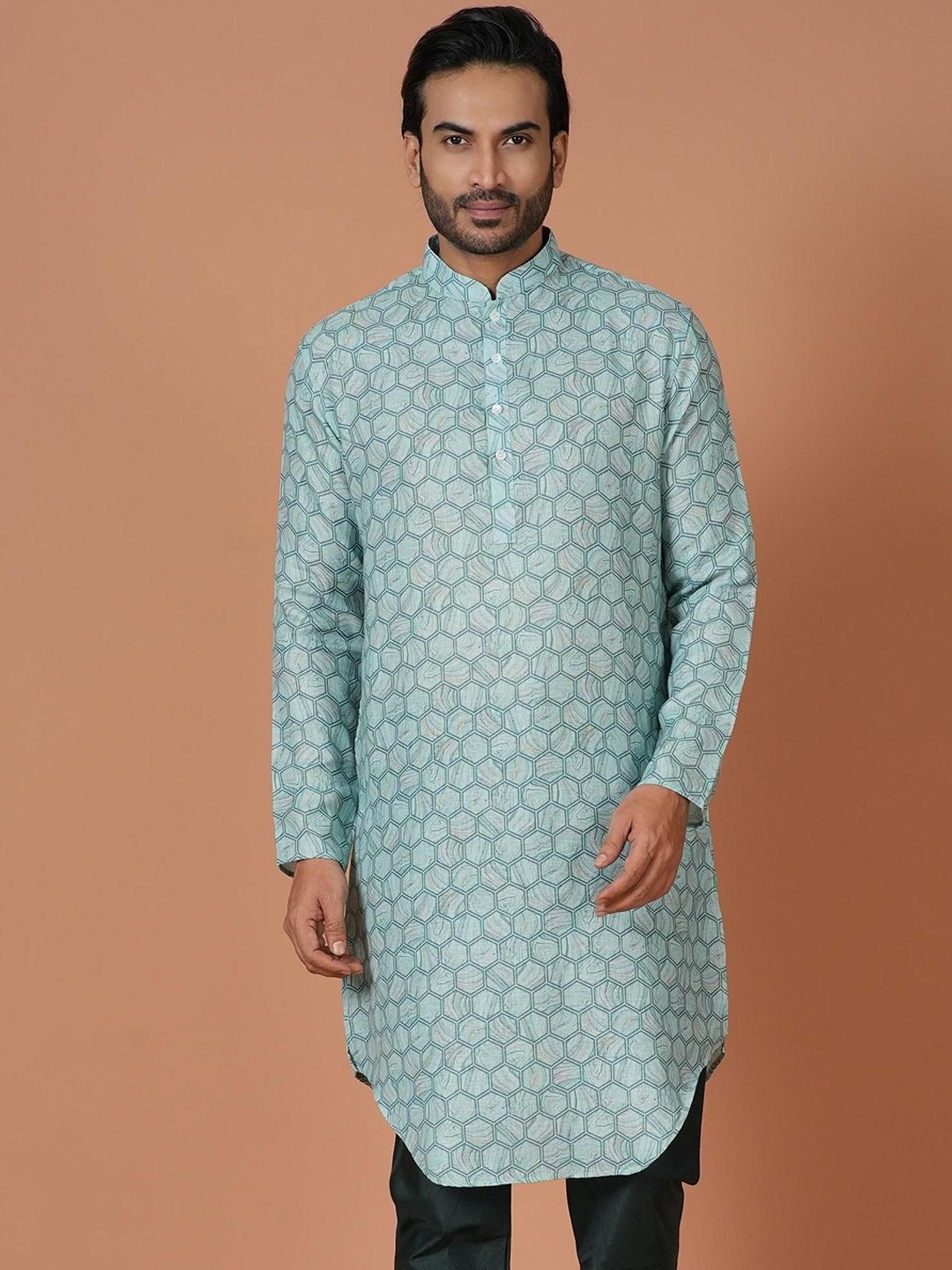 

Sayisha Geometric Printed Mandarin Collar Cotton Straight Kurta, Blue