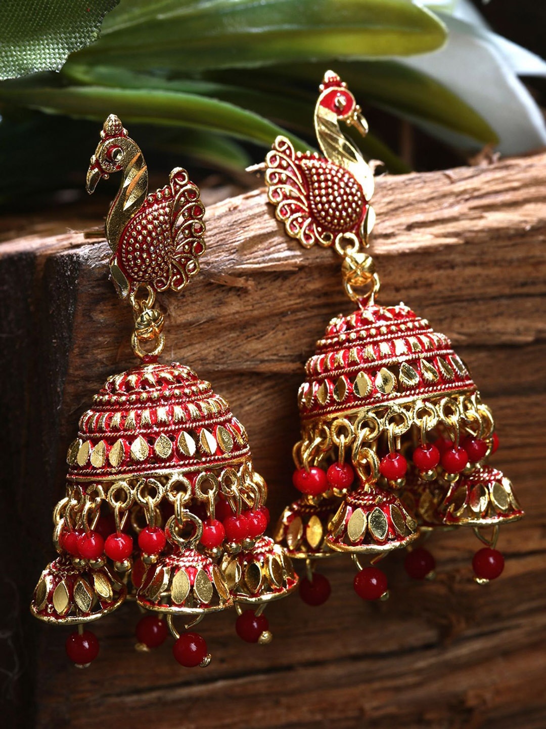 

ANIKAS CREATION Gold Plated Beaded Peacock Dome Shaped Enamelled Jhumkas