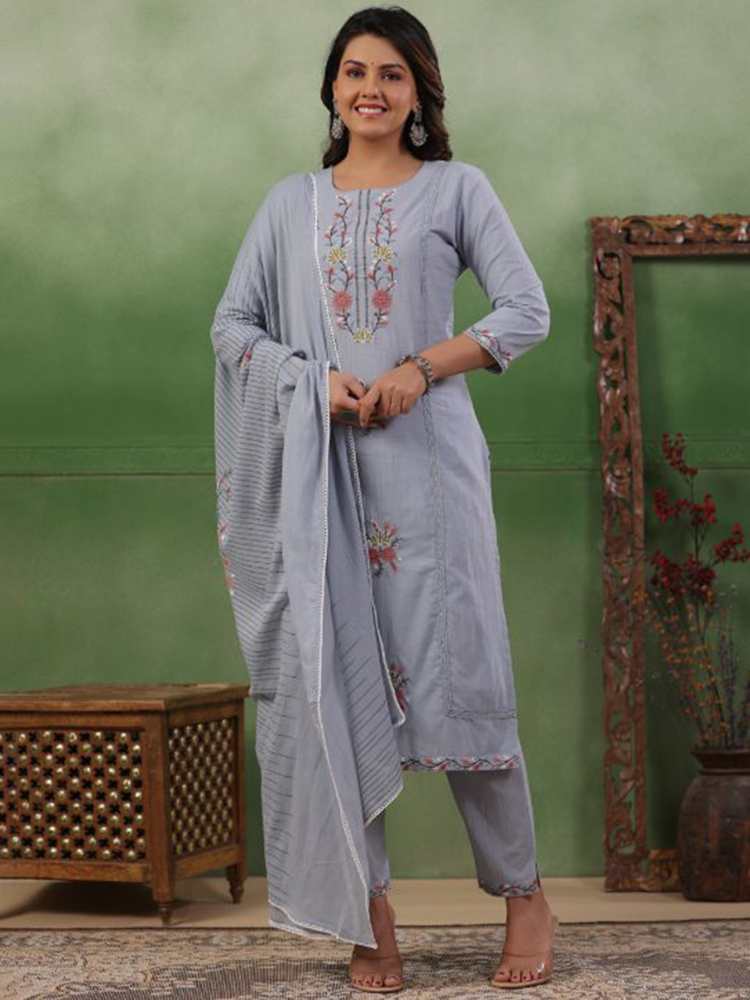 

Kiana Floral Embroidered Pure Cotton Straight Kurta With Trousers & Dupatta, Turquoise blue