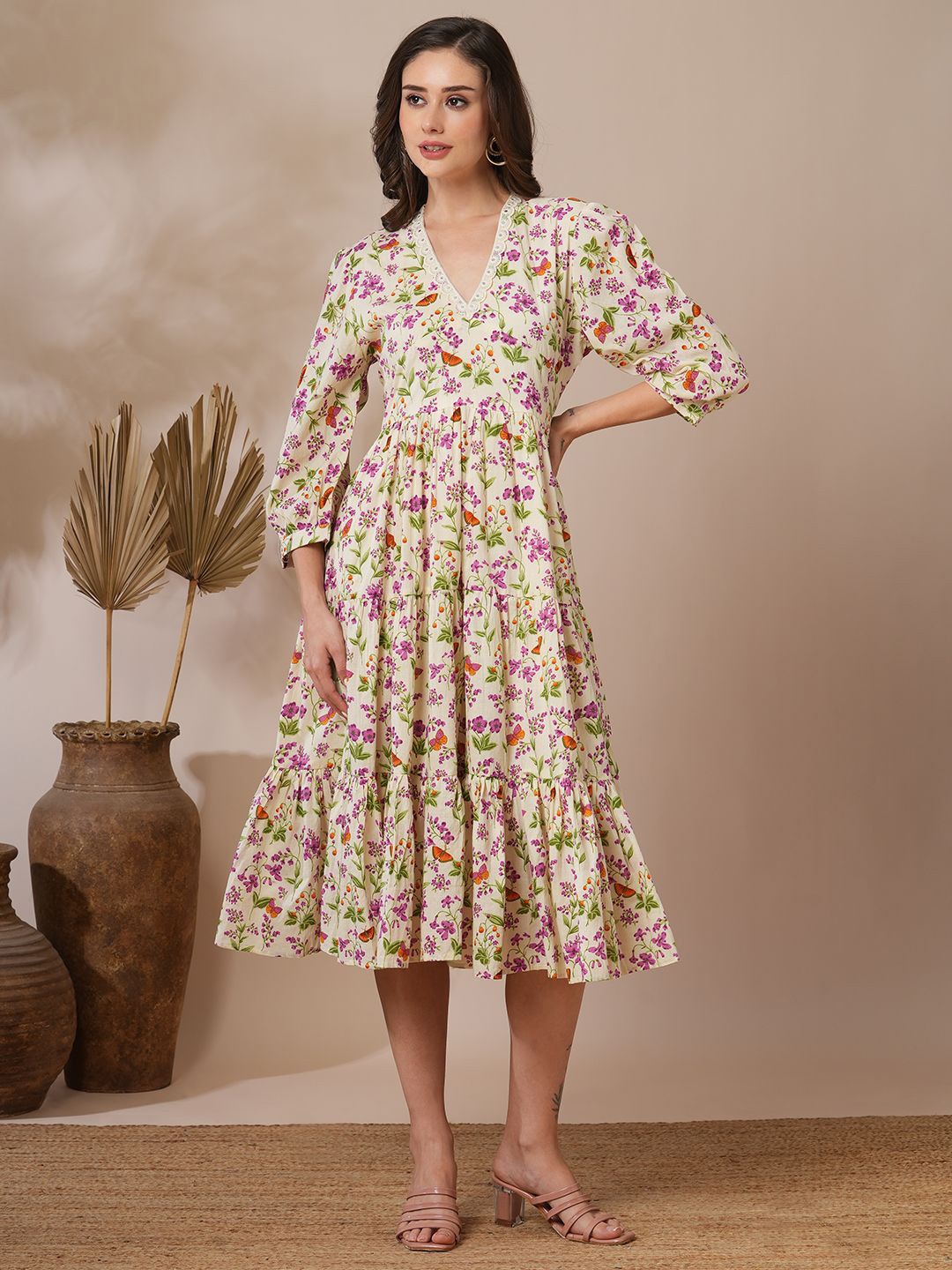 

FASHOR Women Ethnic Motifs Print Puff Sleeve Fit & Flare Midi Dress, Off white