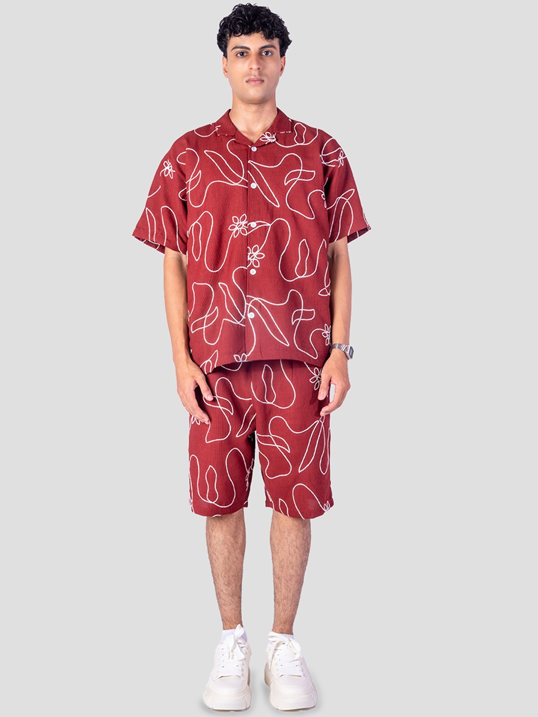 

HOP HEAD Floral Embroidered Cuban Collar Shirt With Shorts, Maroon