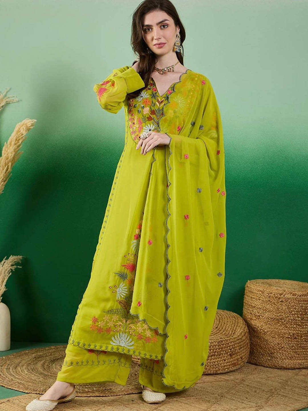 

KALINI Floral Embroidered A-Line Kurta With Trousers & Dupatta, Green