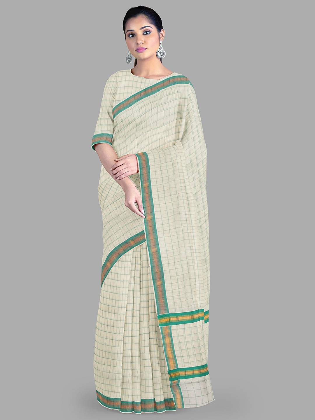 

The Chennai Silks Checked Woven Design Zari Pure Cotton Kasavu Saree, Off white