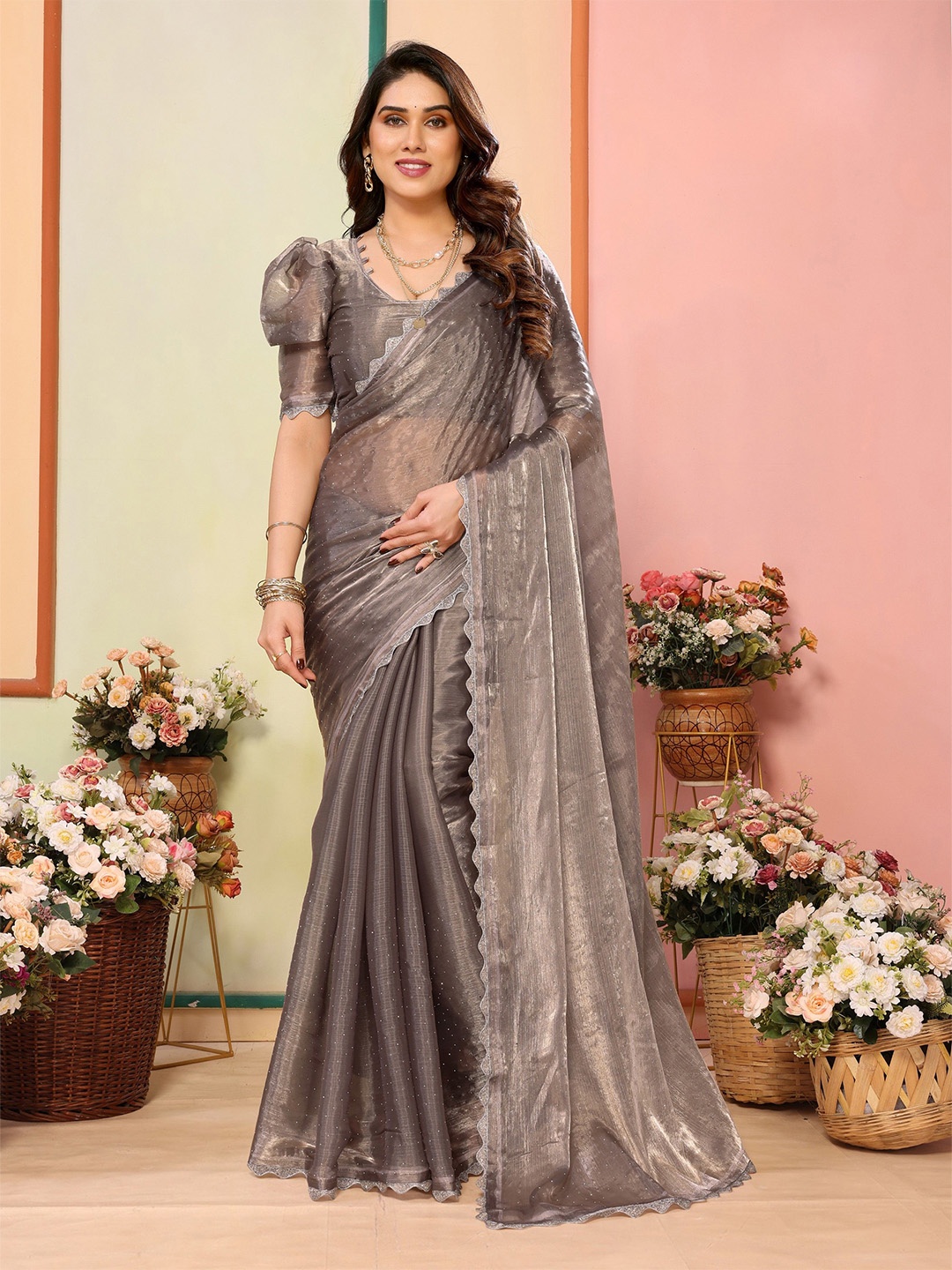 

Ambuja International Embellished Beads and Stones Pure Silk Saree, Grey