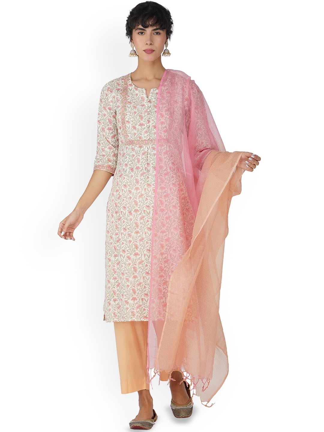 

KAHVA Floral Printed Pure Cotton Straight Kurta with Trousers & Dupatta, Off white