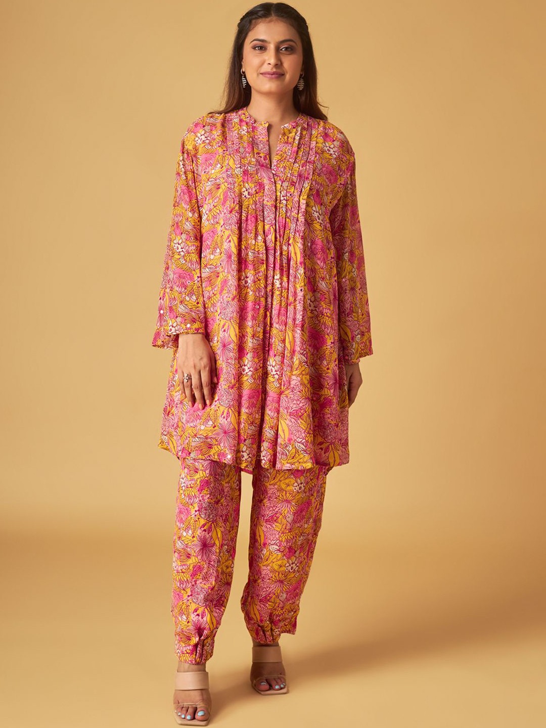 

Maisolos Floral Printed Mandarin Collar Tunic & Trousers, Pink