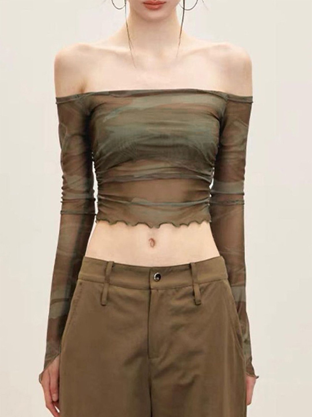

LULU & SKY Off-Shoulder Bardot Crop Top, Brown