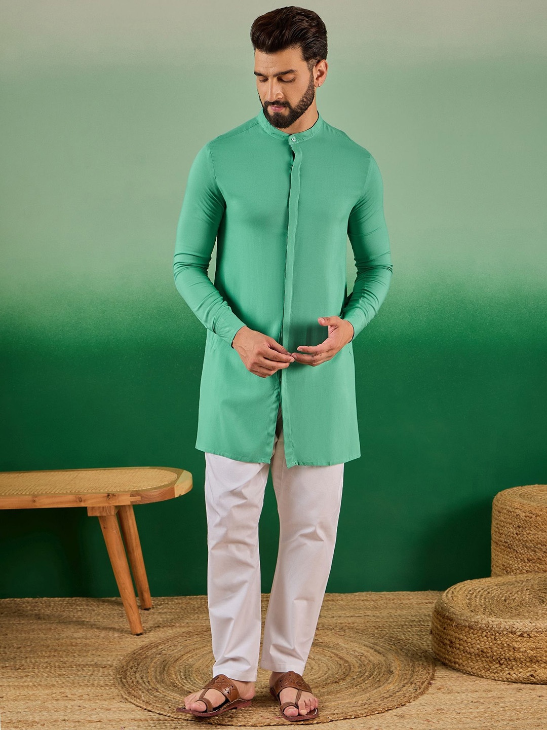 

Sangria Sea Green Mandarin Collar Long Sleeves Conclealed Straight Kurta