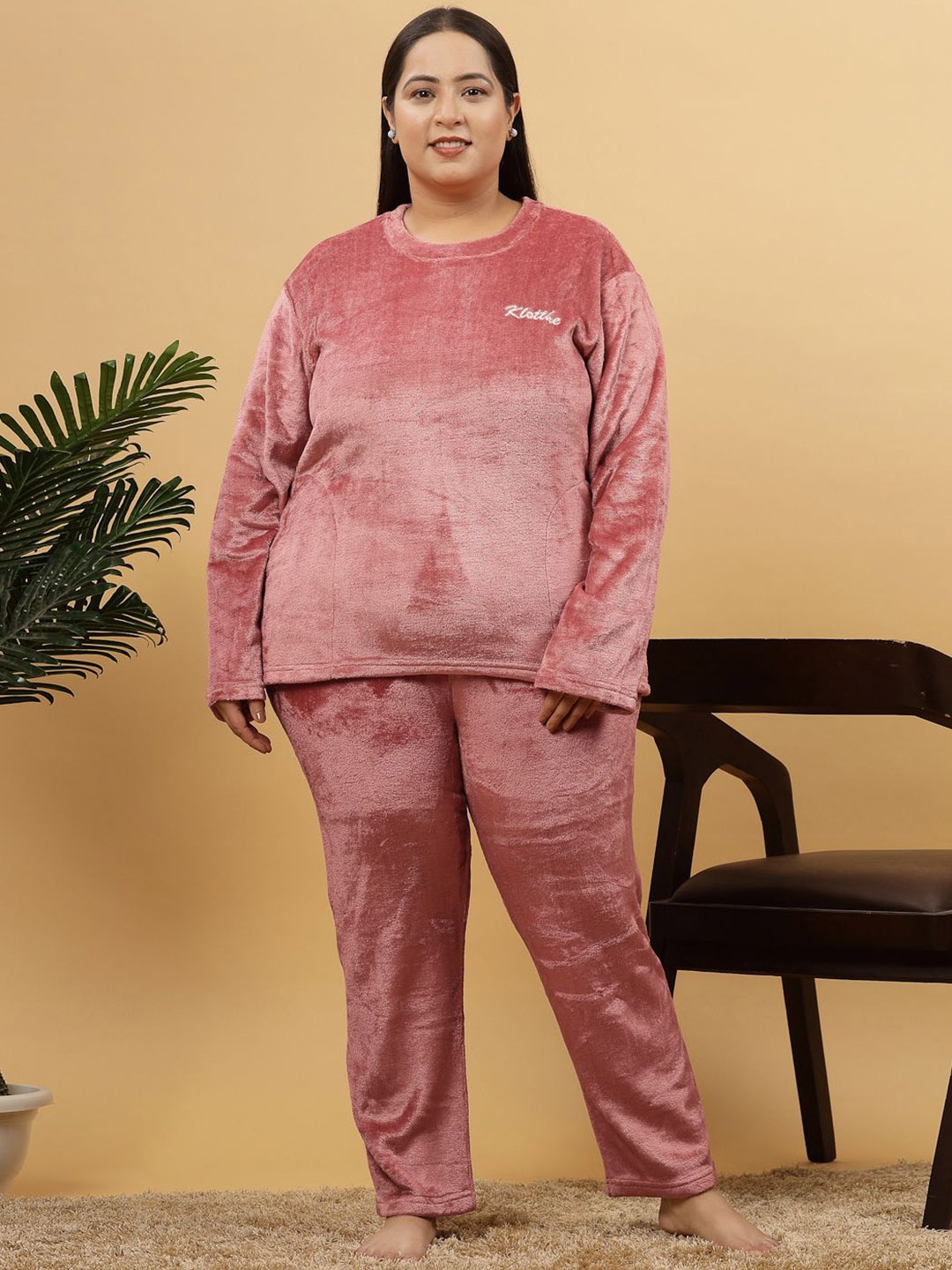 

KLOTTHE Women Plus Size Solid Woolen Night Suit, Rust