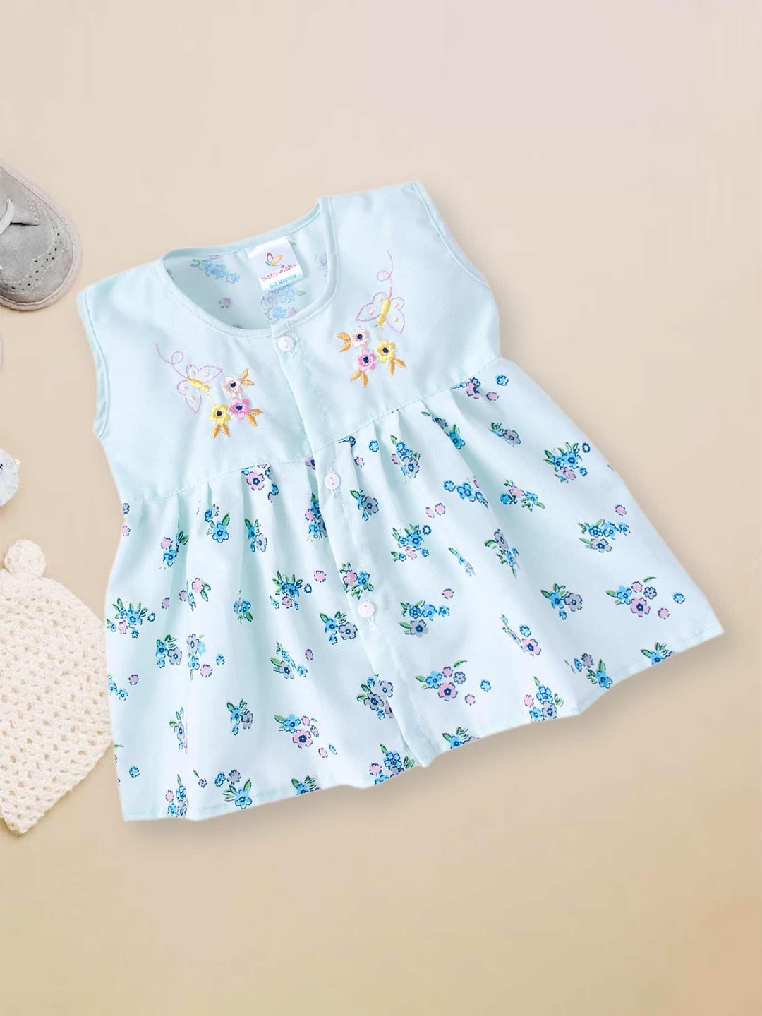 

Baby wish Floral Print Fit & Flare Sleeveless Knee Length Girls Cotton Dress, Blue