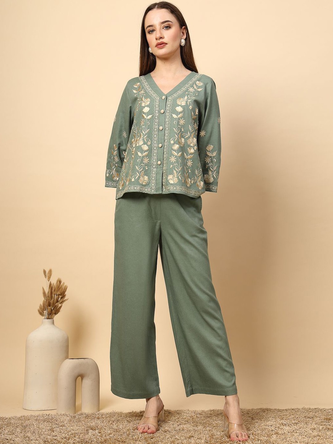 

Gipsy Floral Embroidered Linen Top With Trousers, Green