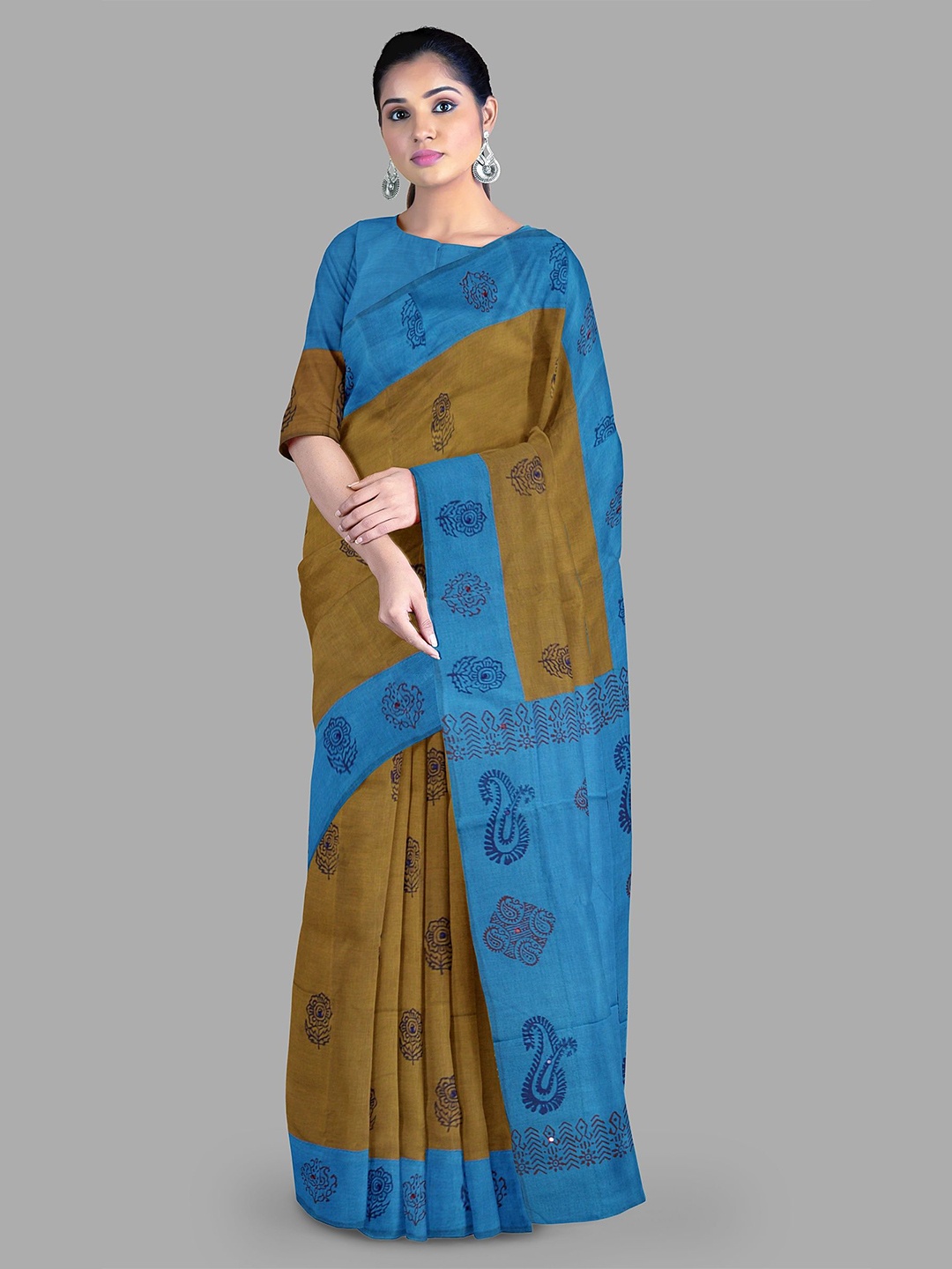 

The Chennai Silks Floral Mirror Work Block Print Saree, Mustard