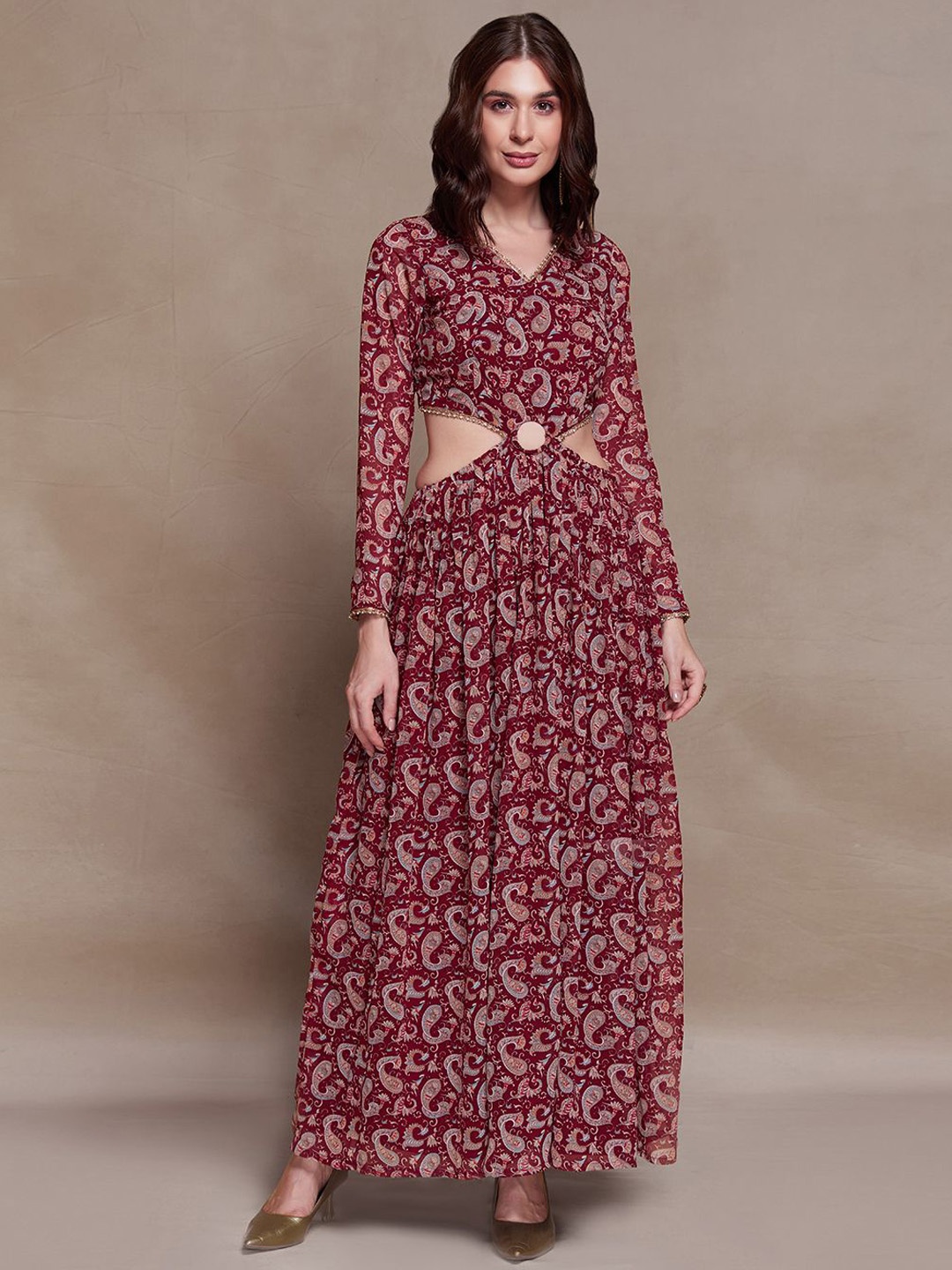 

Fusionic Paisley Printed Georgette Maxi Ethnic Dress, Maroon