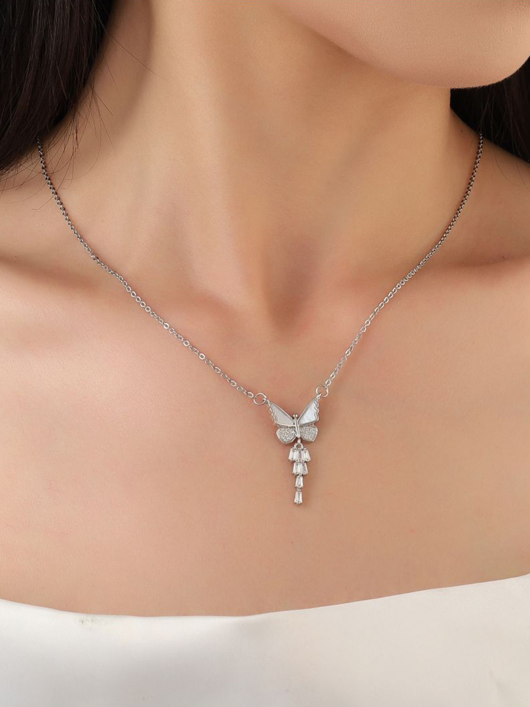 

SALTY Silver-Plated Stone-Studded Butterfly-Shaped Pendant With Chain