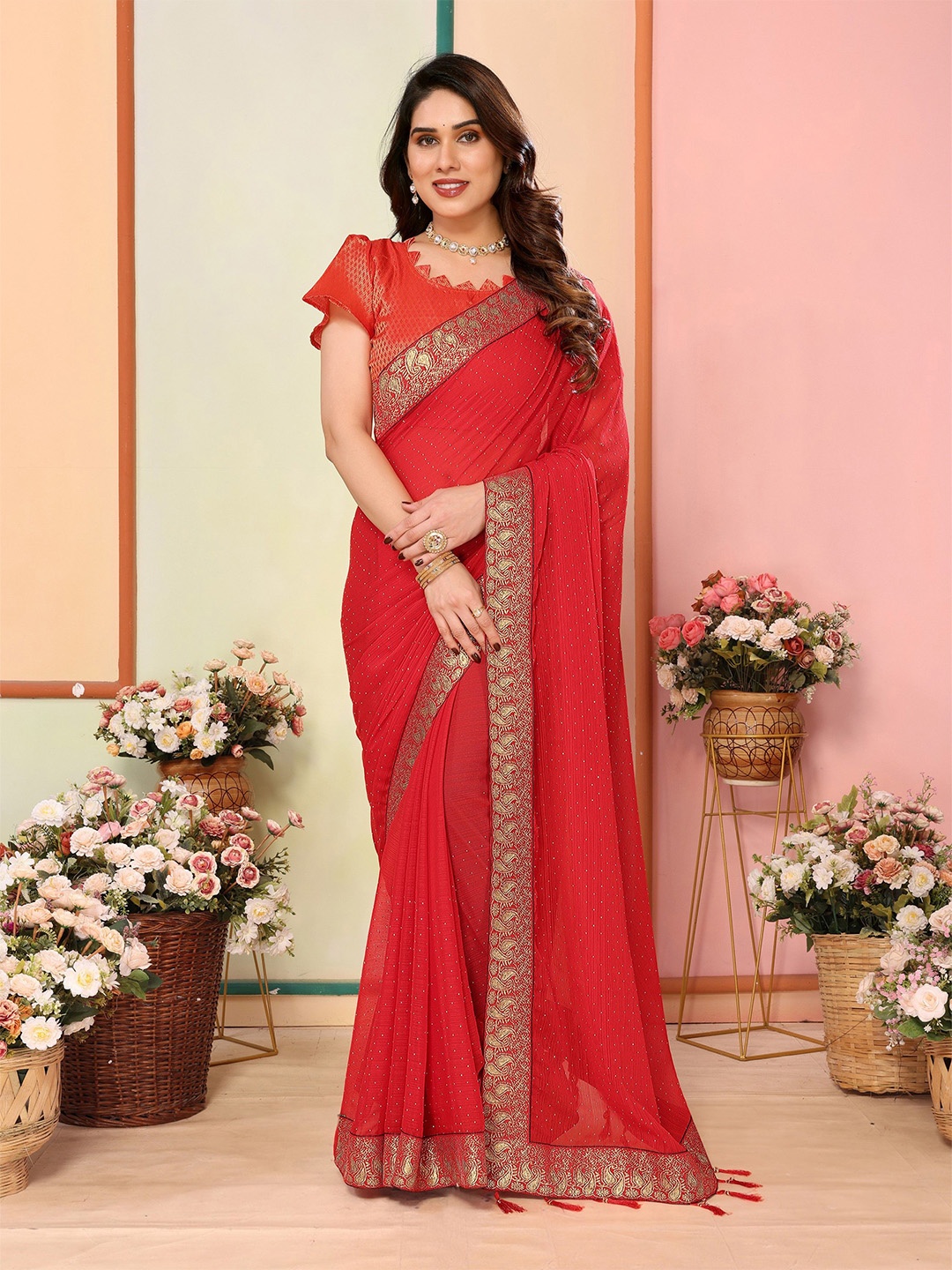 

The Textile Hub Women Embellished Woven Design Saree, Red