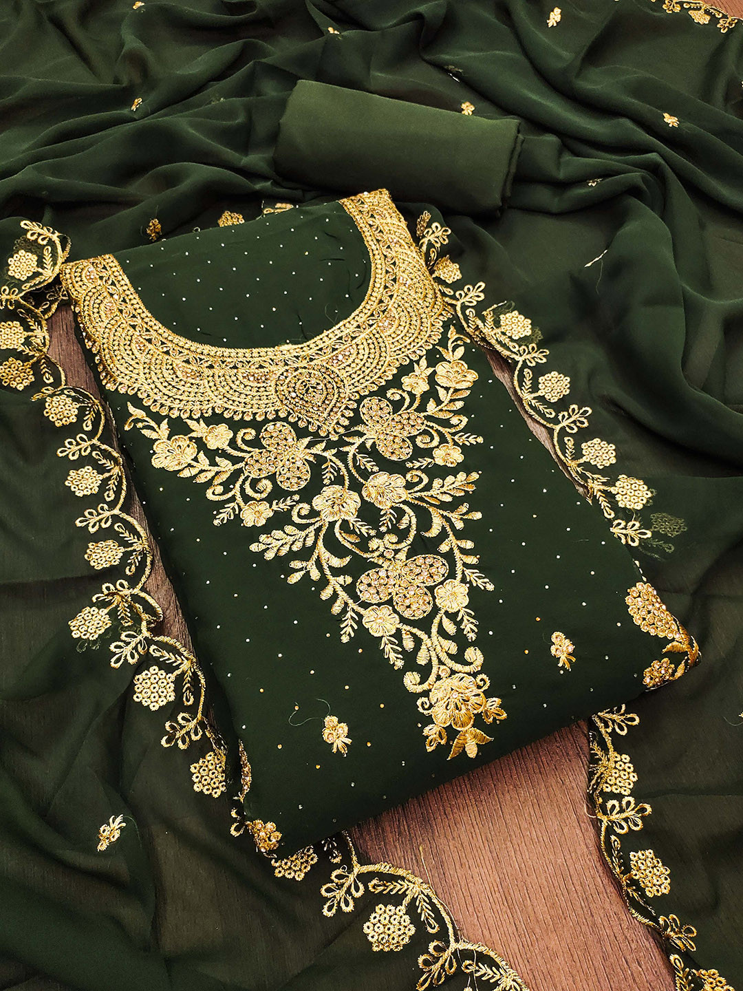 

Ishin Floral Embroidered Zari Silk Georgette Unstitched Dress Material, Olive