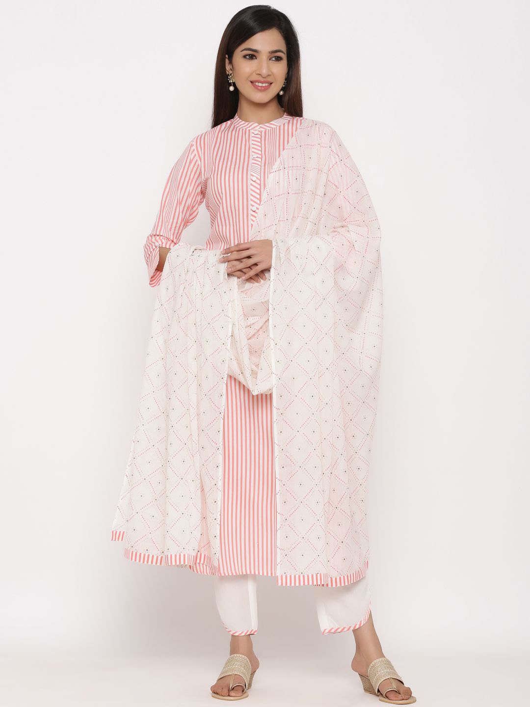 

CHIRAAI Striped Mandarin Collar Straight Kurta with Trousers & Dupatta, Peach