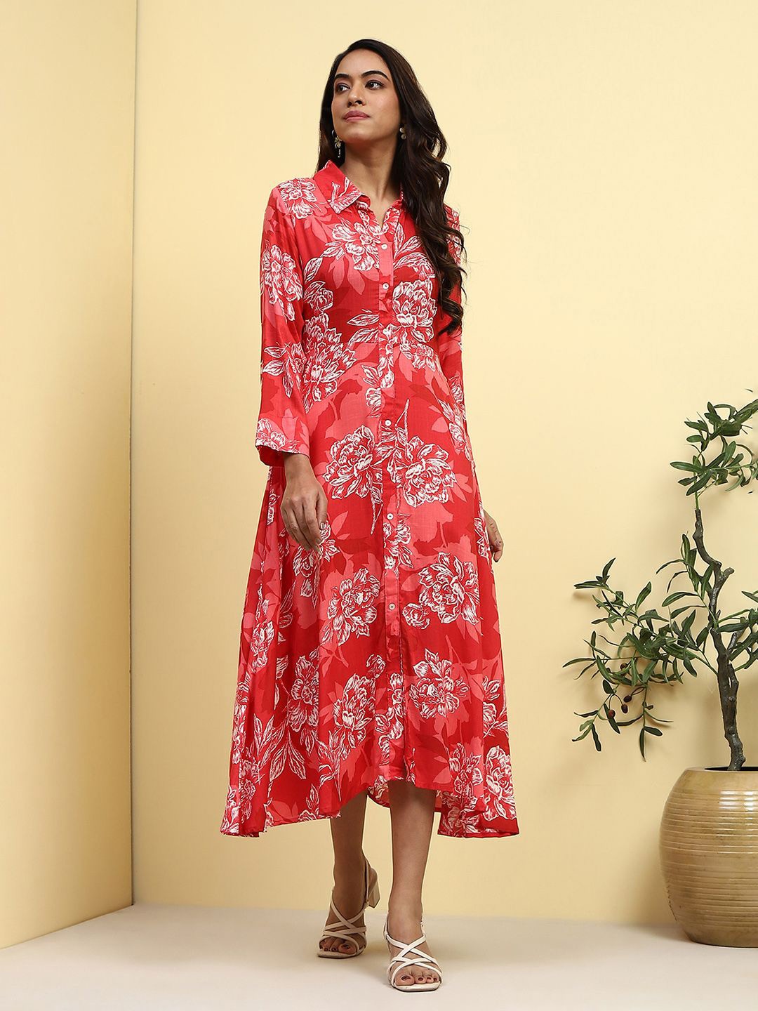 

Biba Floral Printed A-Line Midi Dress, Red