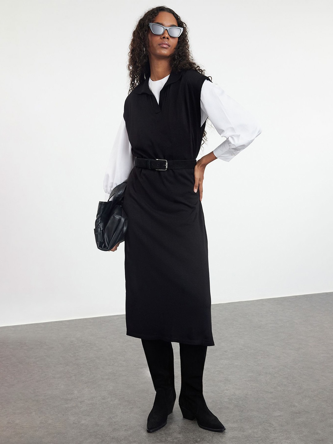 

Trendyol Women Longline Pullover with Belted Detail, Black