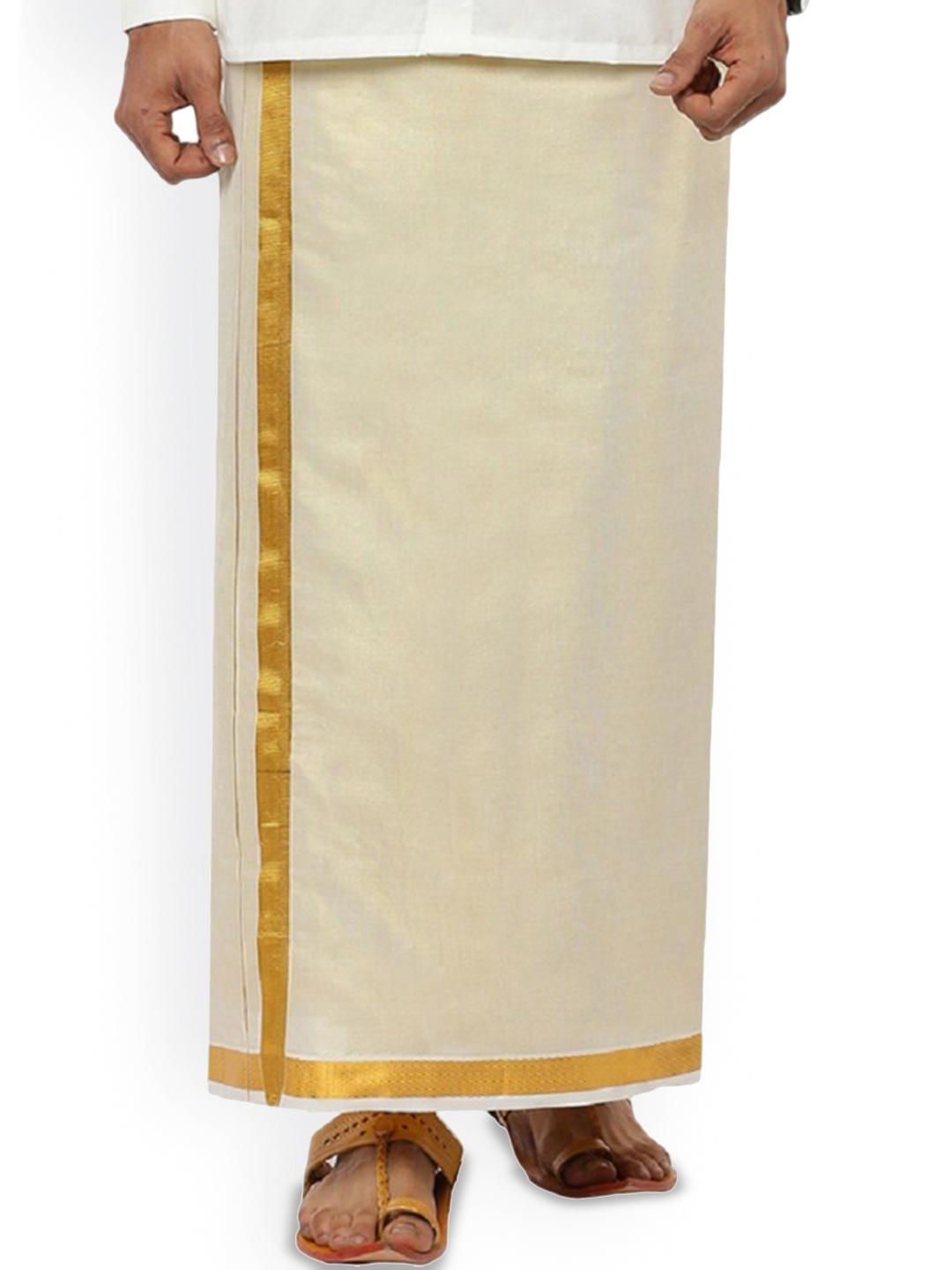 

Ramraj Men Pure Cotton Dhoti with Golden Zari Border, Cream