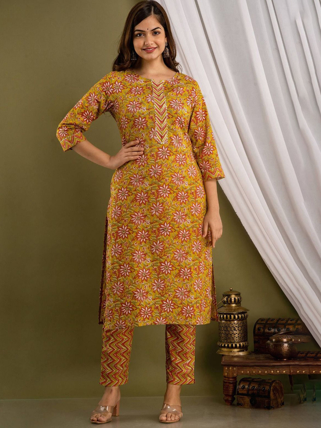 

P3D CREATION Floral Printed Gotta Patti Pure Cotton Kurta with Trousers & Dupatta, Mustard