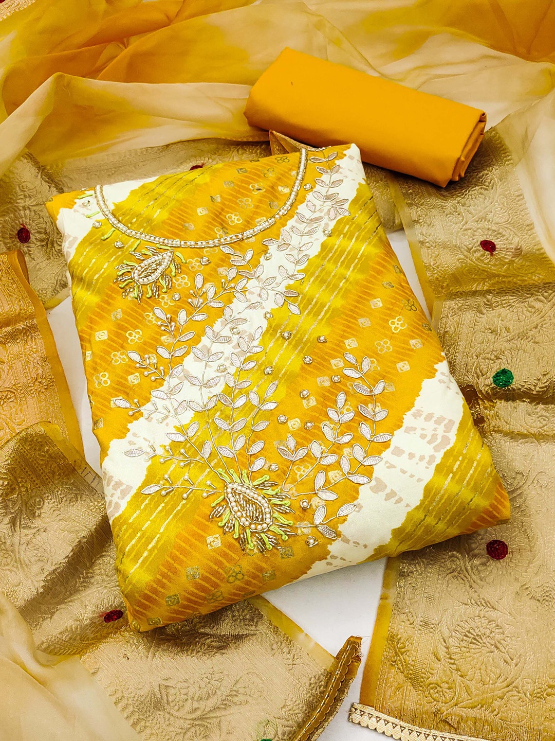 

Ishin Ethnic Motifs Embroidered Beads and Stones Pure Cotton Unstitched Dress Material, Yellow