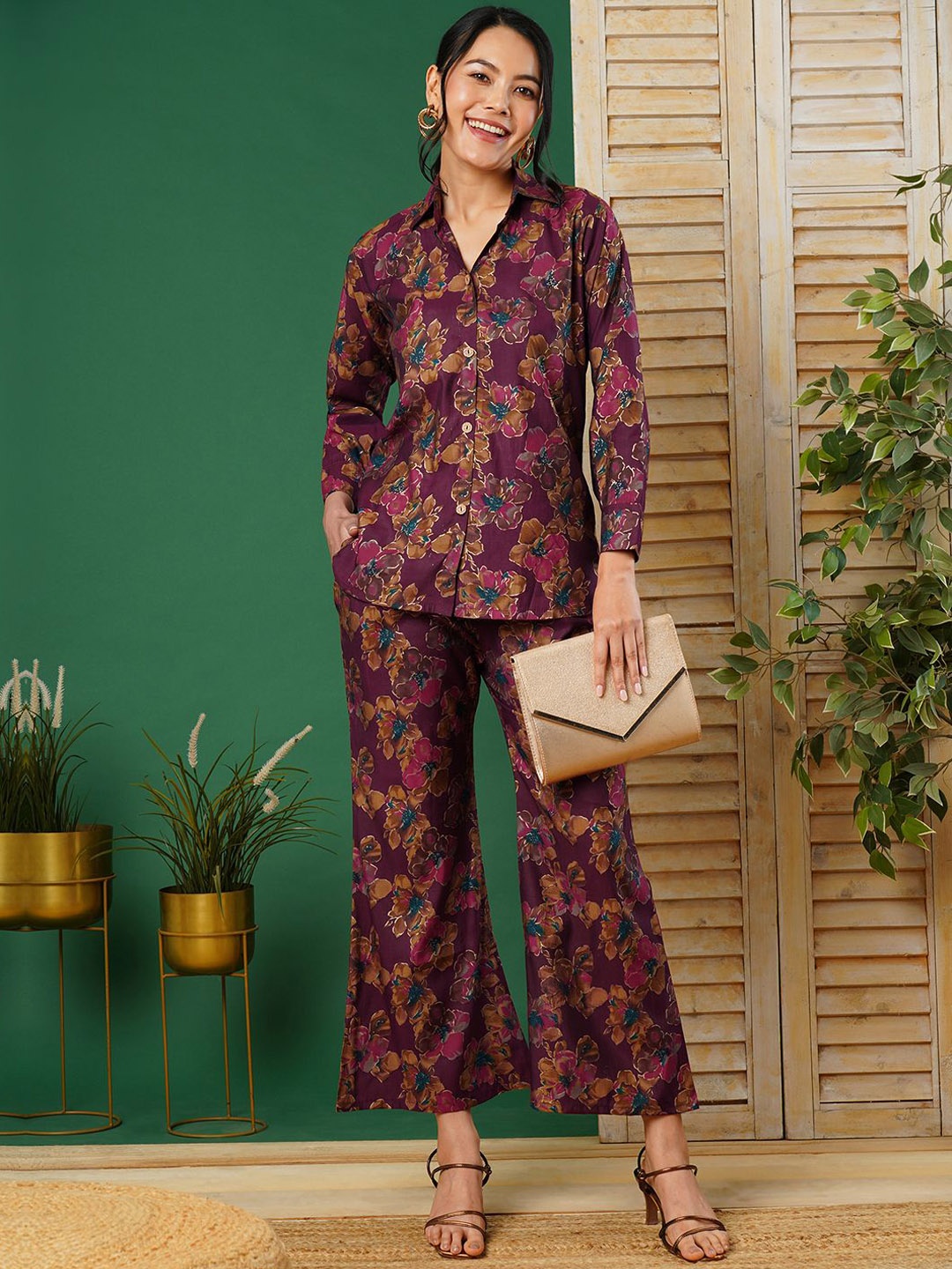 

CARTYSHOP Floral Printed Pure Cotton Shirt With Trousers, Purple