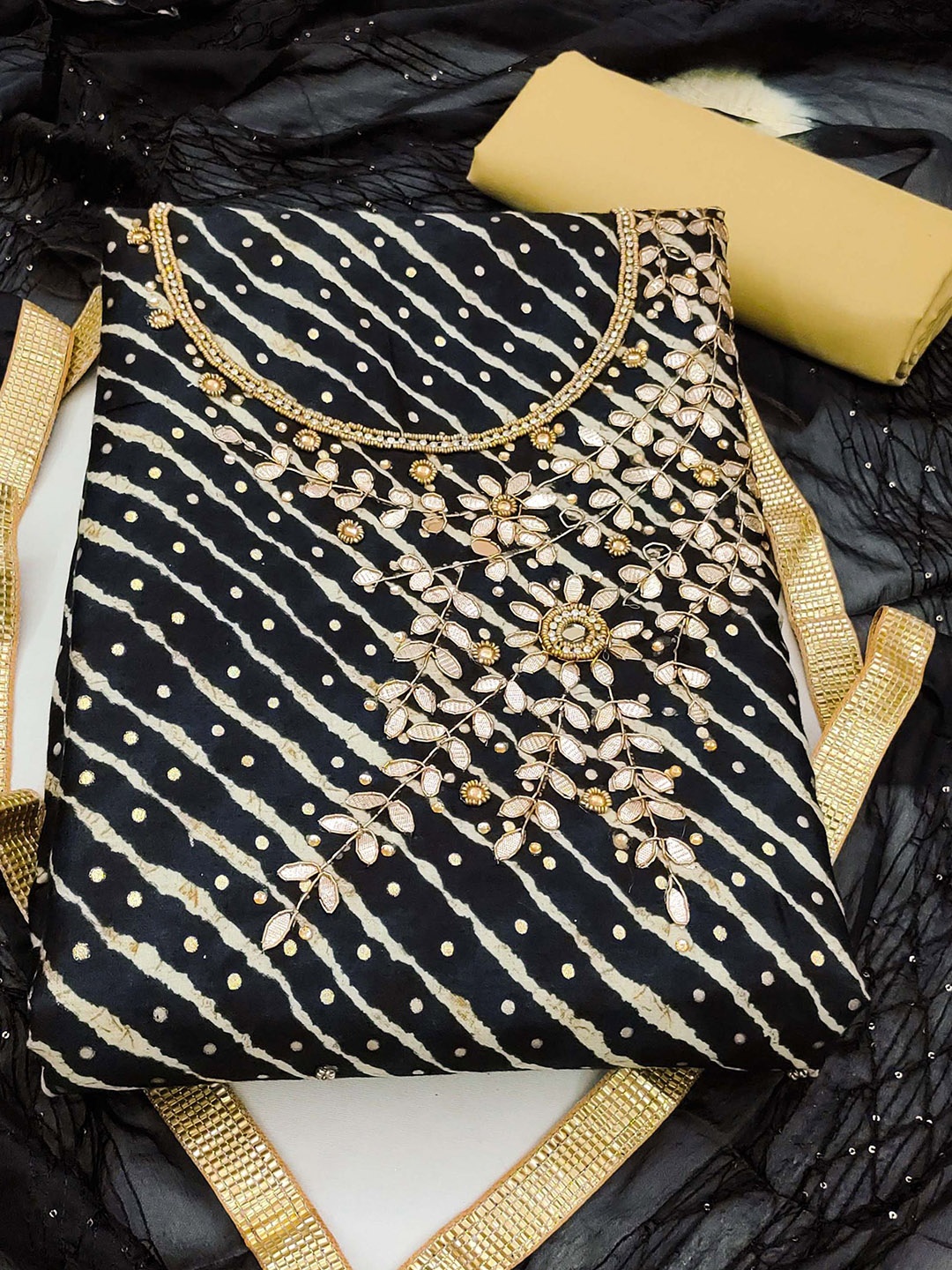 

Ishin Embroidered Beads and Stones Pure Cotton Unstitched Dress Material, Black