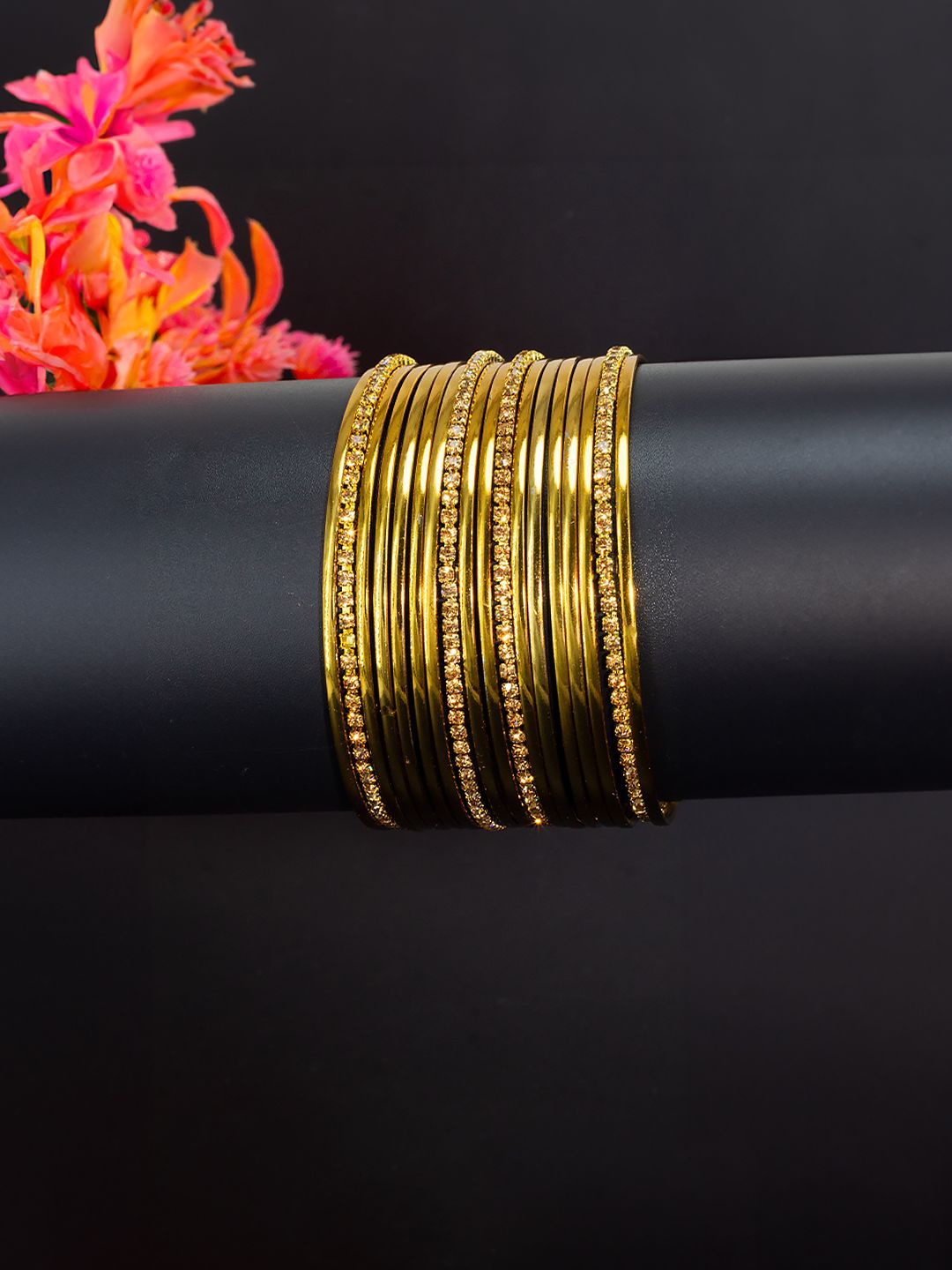 

PRIVIU Set of 18 Gold Plated Rhinestone Studded Bangles