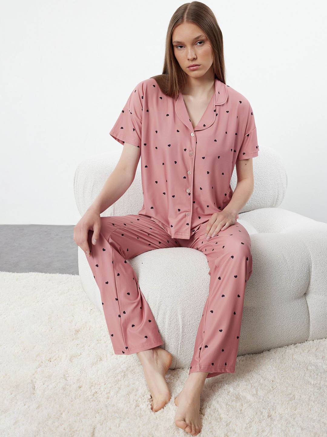 

Trendyol Women Geometric Printed Night suit, Pink