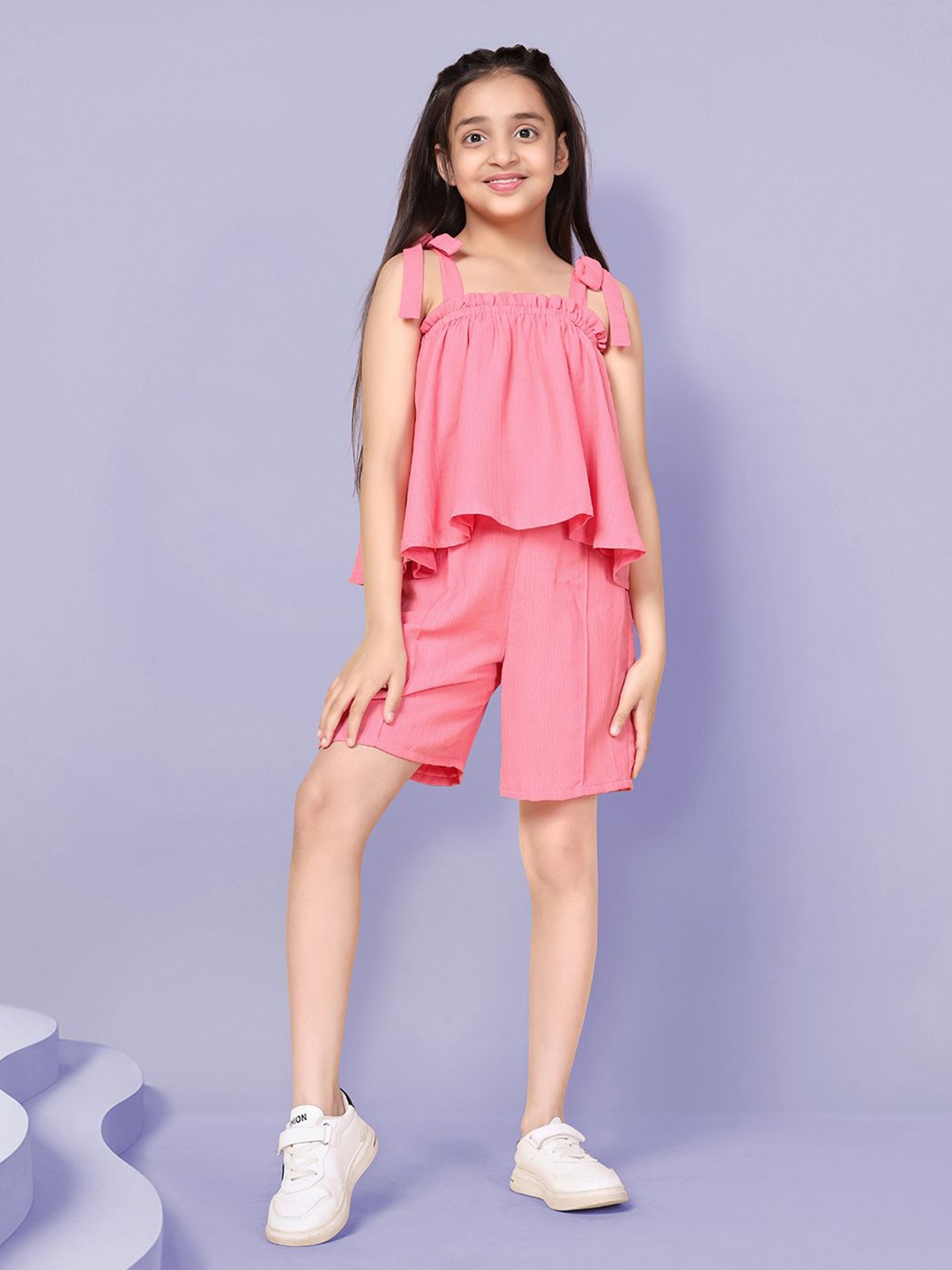 

BAESD Girls Shoulder Strap Neck Sleeveless Viscose Rayon Top with Shorts, Peach