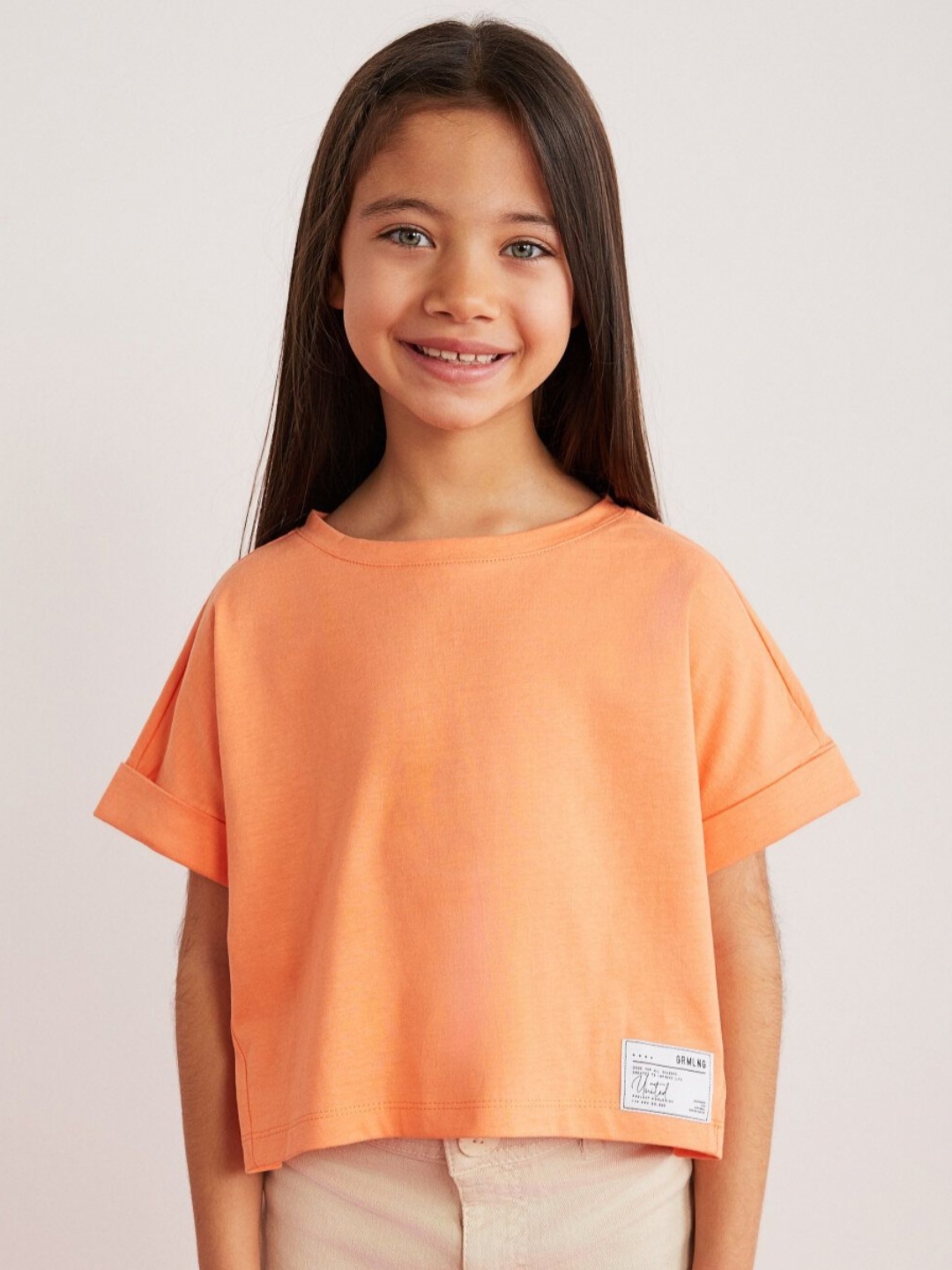 

GRIMELANGE Unisex Kids Solid Round Neck Cotton Boxy Fit T-shirt, Orange