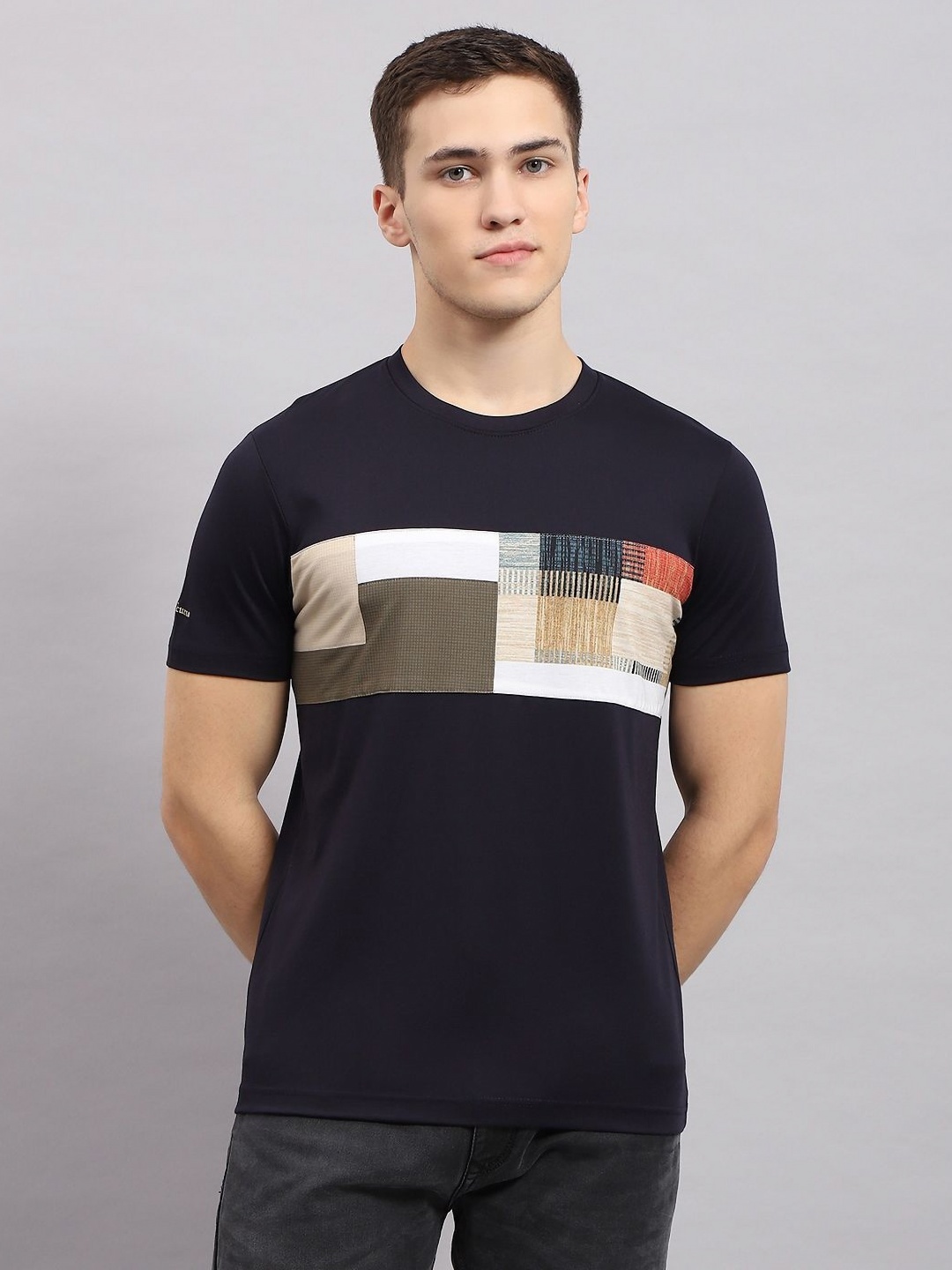 

Monte Carlo Men Abstract Printed Round Neck Cotton T-shirt, Navy blue