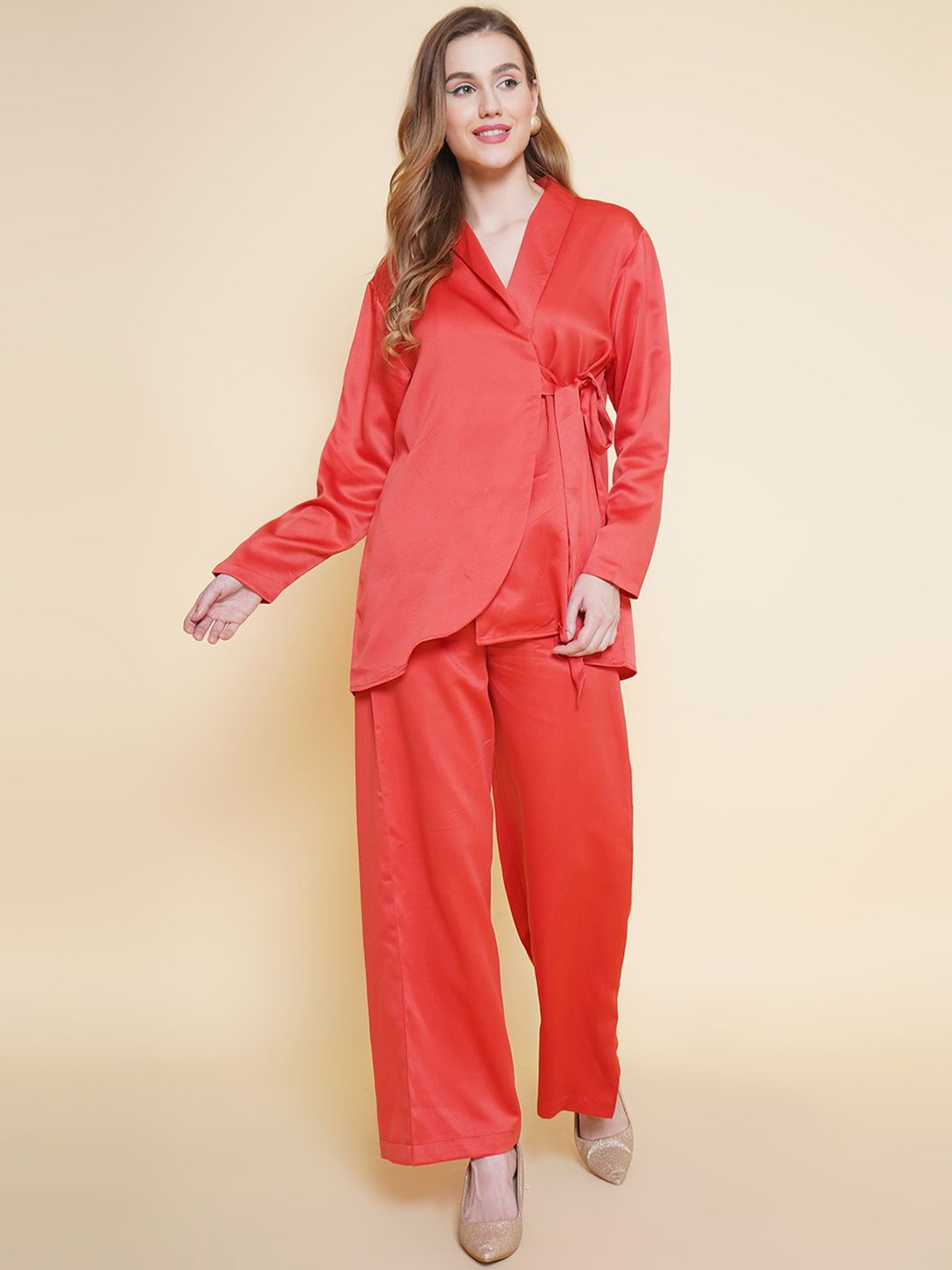 

KATLINE Shawl Neck Long Sleeves Satin Tie -Up Shirt With Trousers, Red