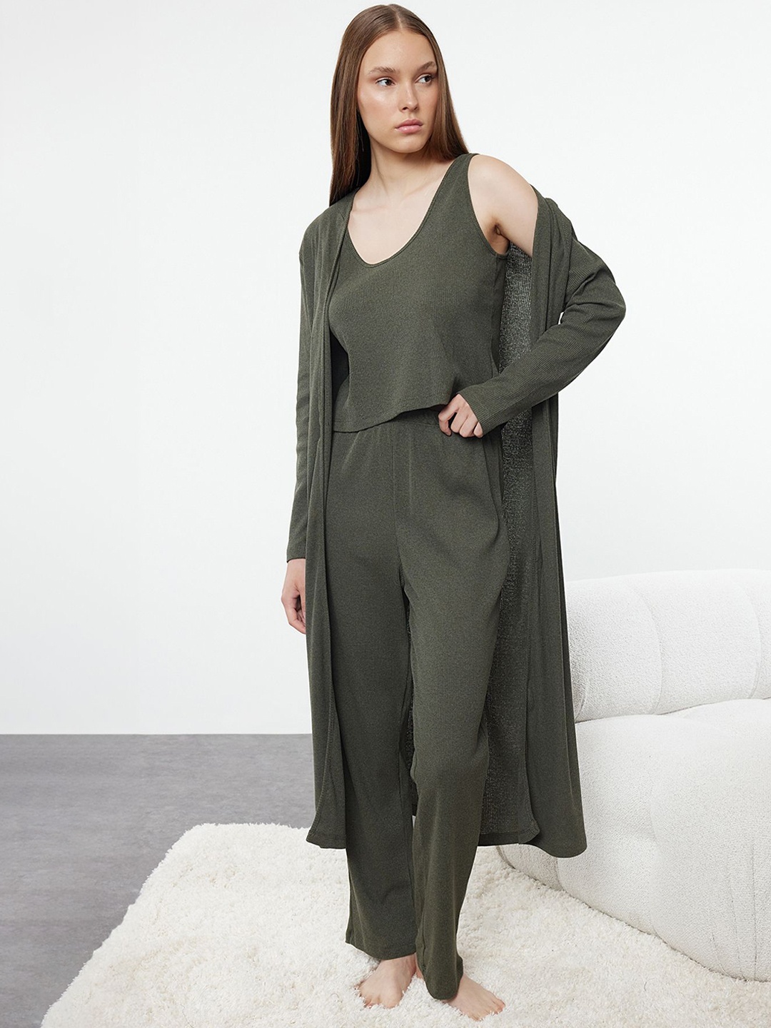 

Trendyol Women Sleeveless Striped Night suit, Green