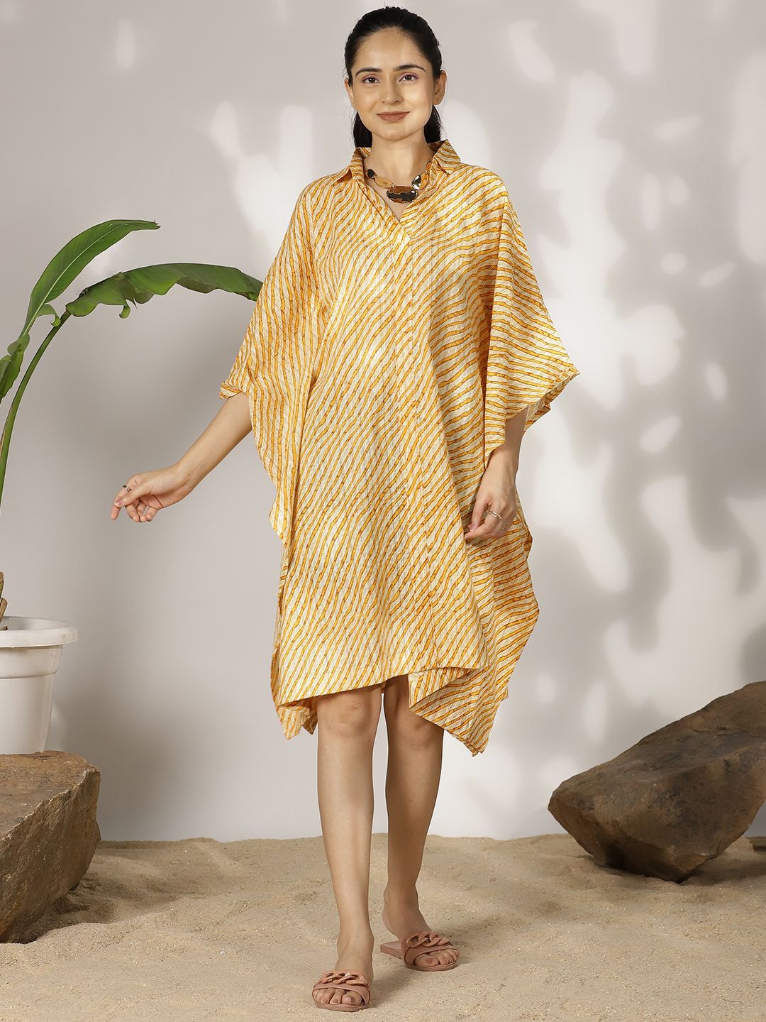 

LetsDressUp Women Striped Cotton Kimono Sleeve Kaftan Midi Dress, Yellow