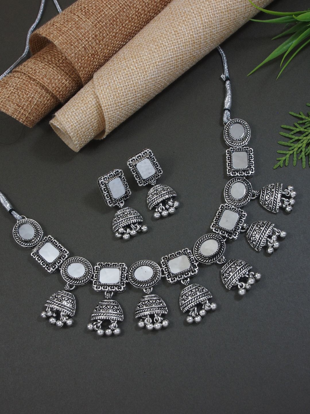 

I Jewels Silver Plated Oxidised Traditional Mirror Work Jewellery Set