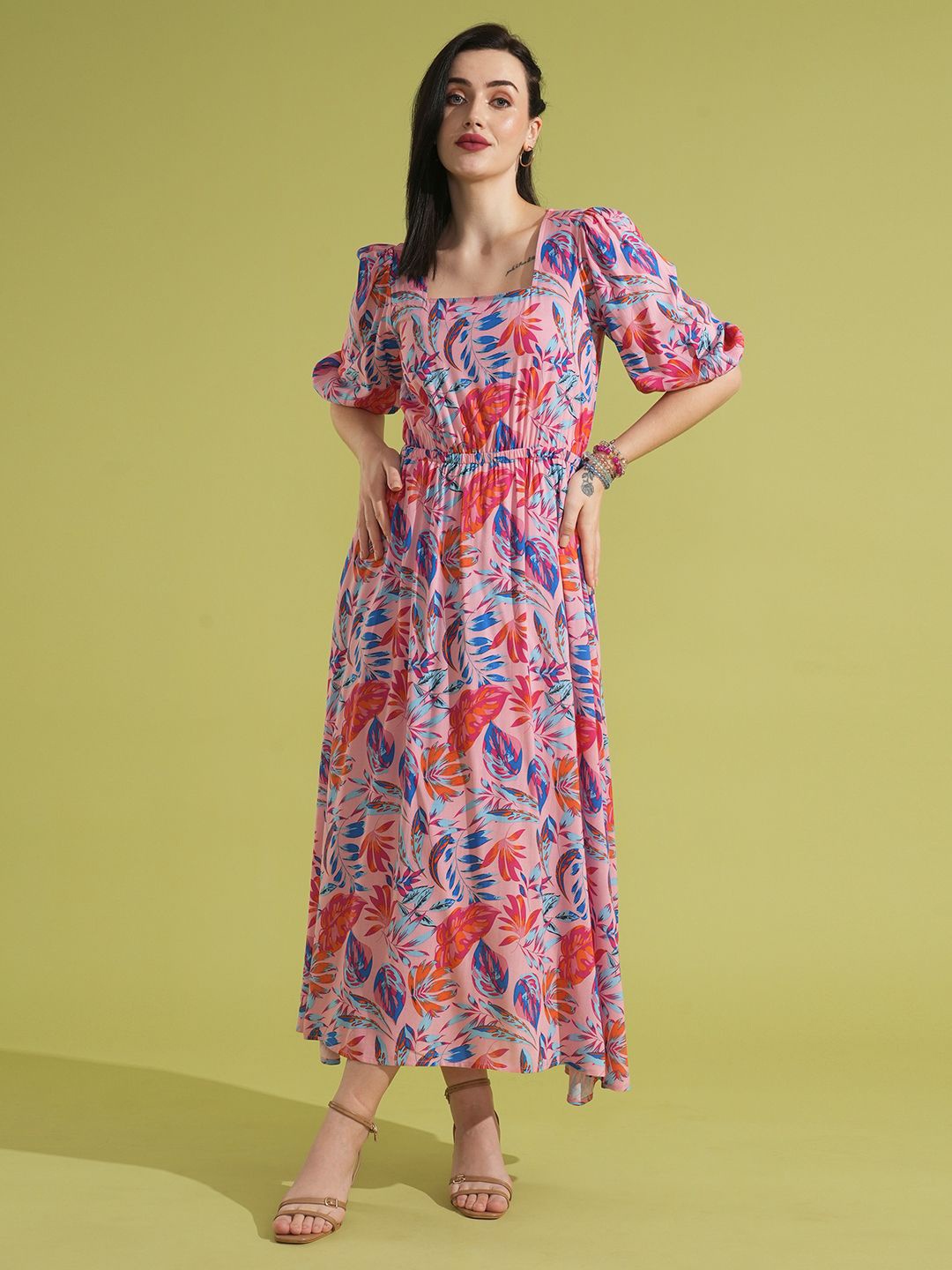 

Globus Tropical Printed Puff Sleeve Fit & Flare Maxi Dress, Pink